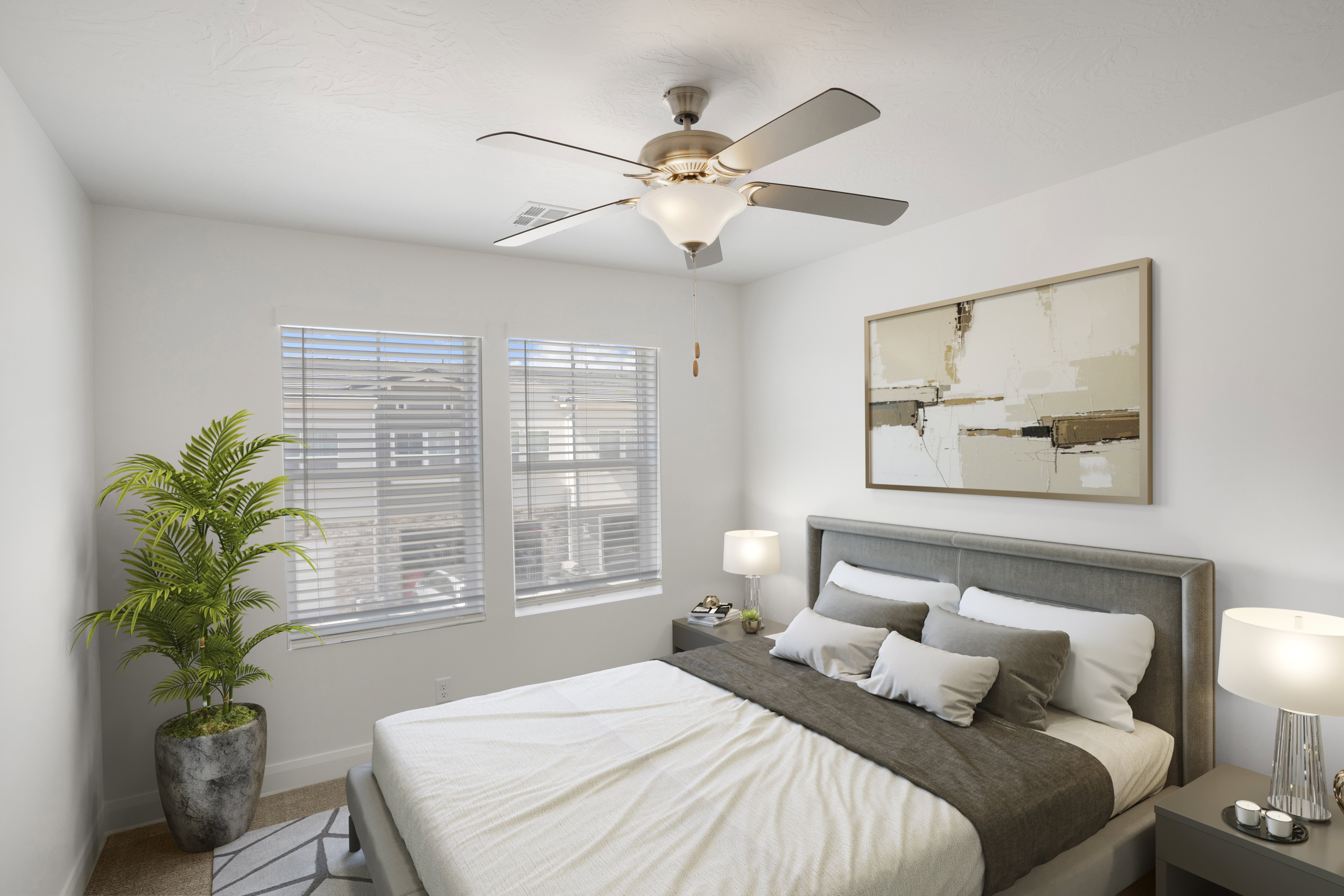 Room featuring twin windows with horizontal blinds, a ceiling fan with integrated lighting, and neutral wall tones