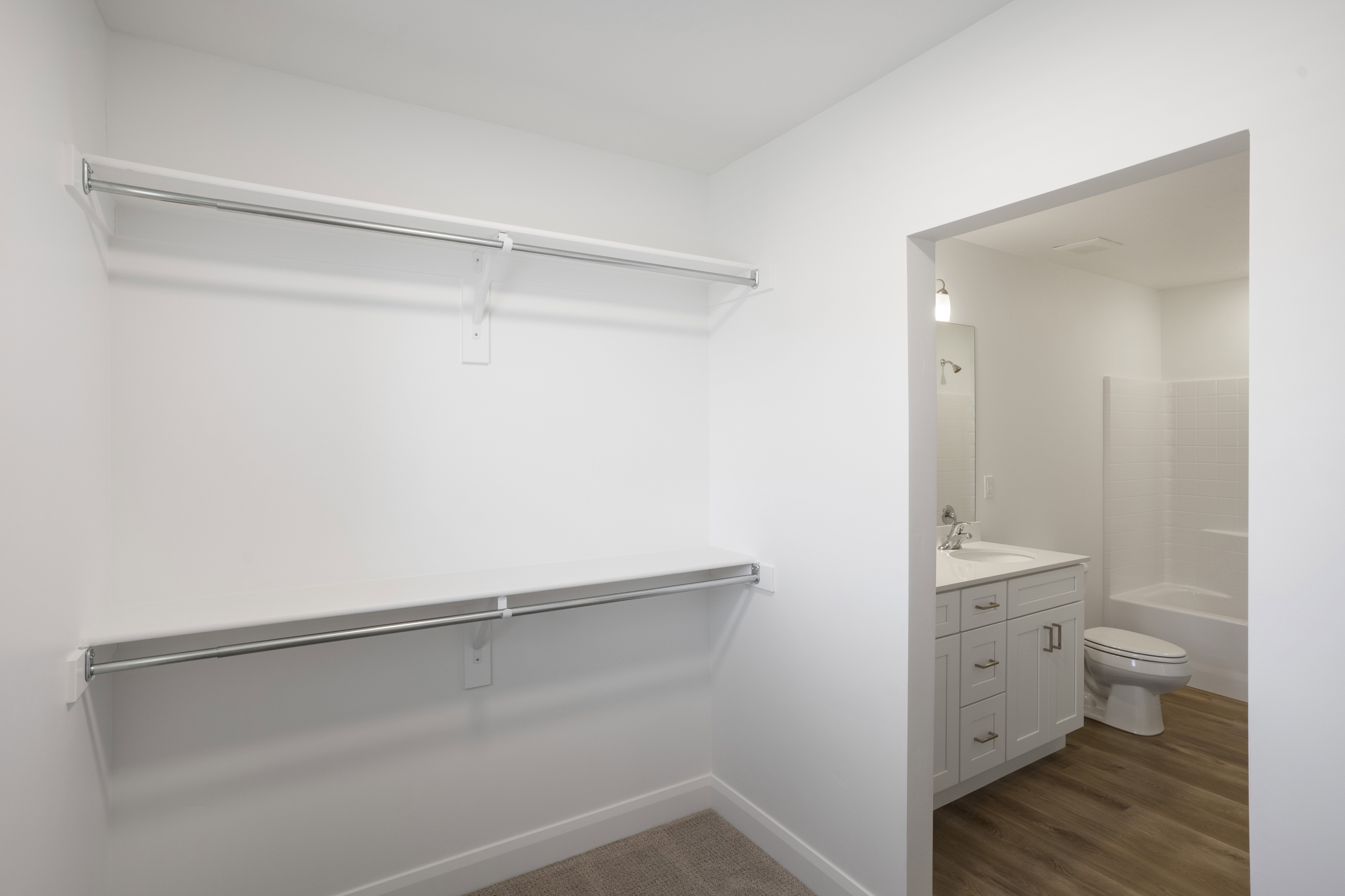 Walk-in closet with dual-level shelving and hanging rods