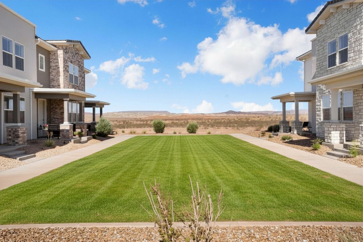 Central green space featuring a manicured lawn framed by concrete pathways