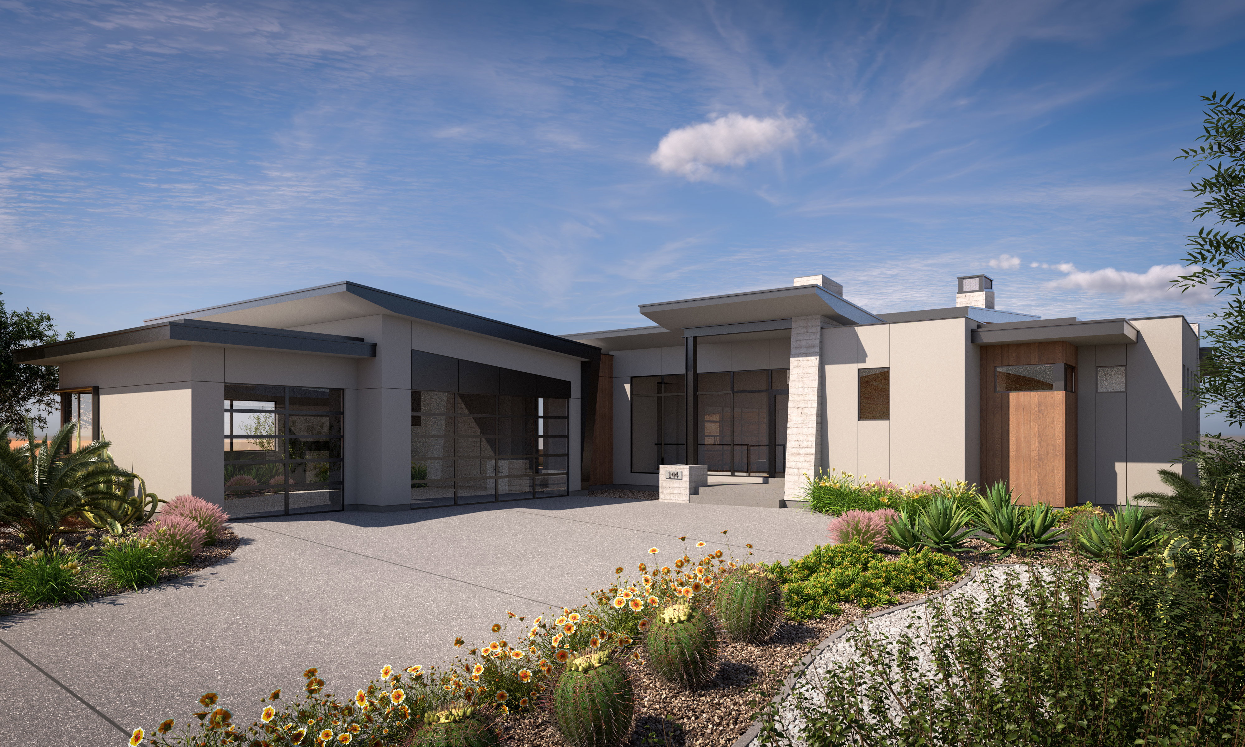 Contemporary exterior featuring a flat roofline, stucco siding, a glass-paneled garage door, a wood-finish front door, and desert landscaping