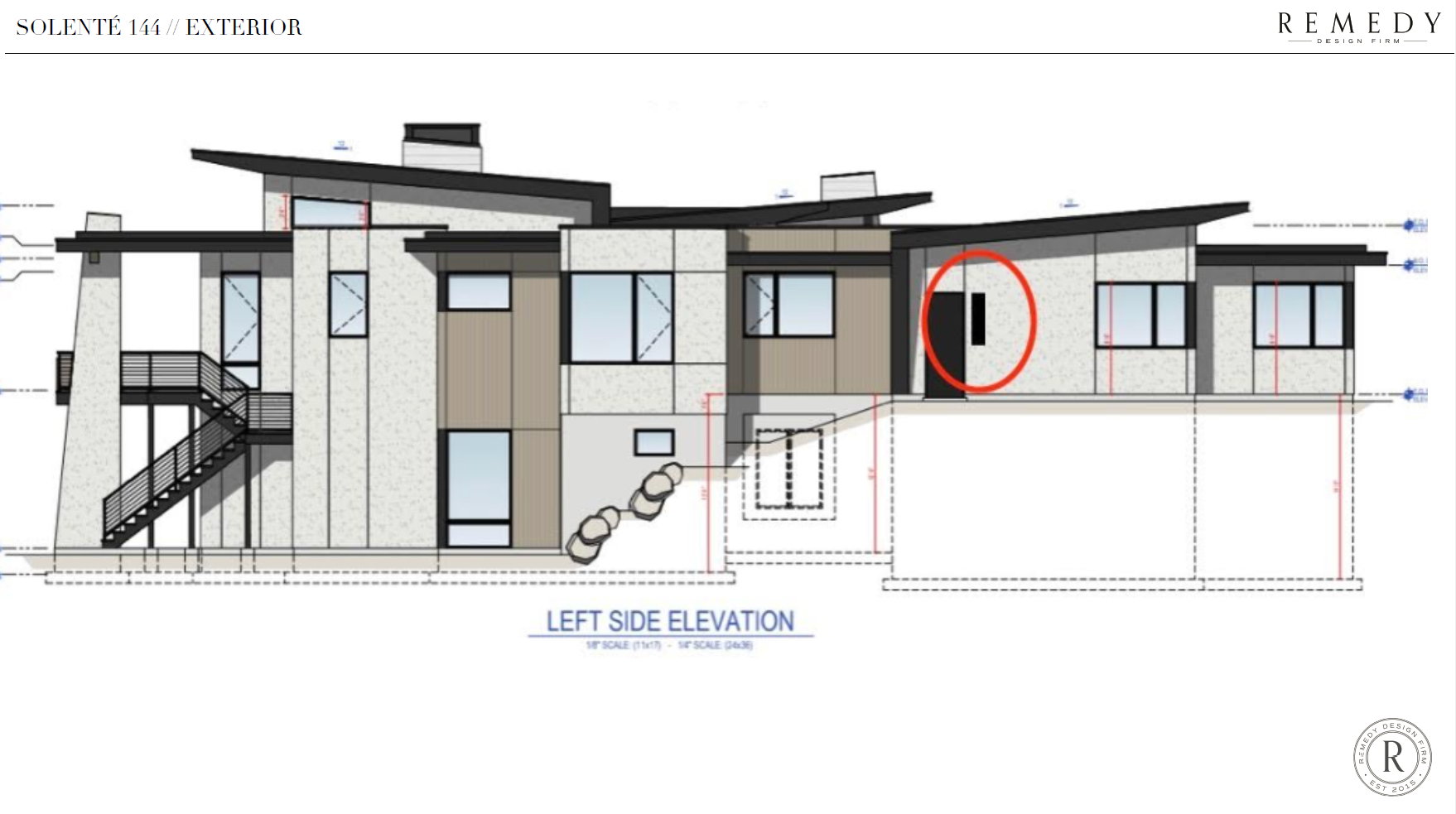 Architectural Drawing, Exterior Elevation. Depicting the left side of the property with a highlighted element