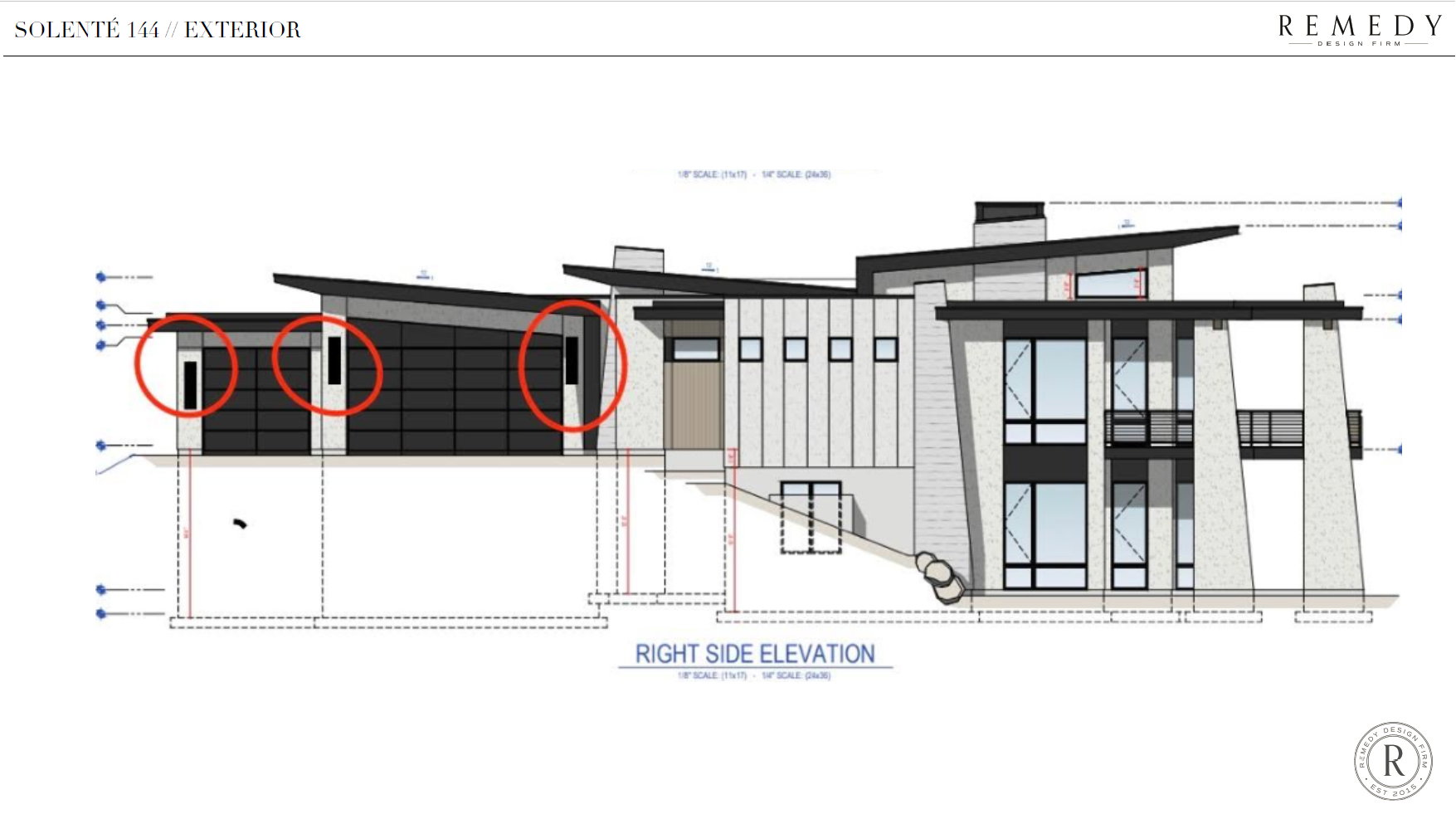 Architectural Drawing, Exterior Elevation. Illustrating the right side elevation of the property design