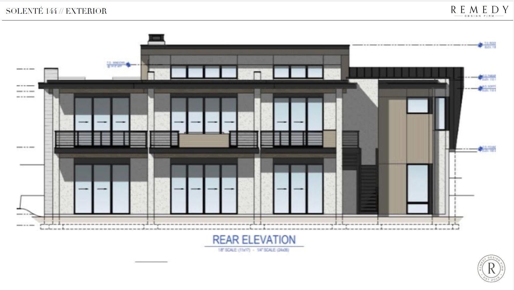 Architectural Drawing, Exterior Elevation. Providing a rear perspective of the property's design