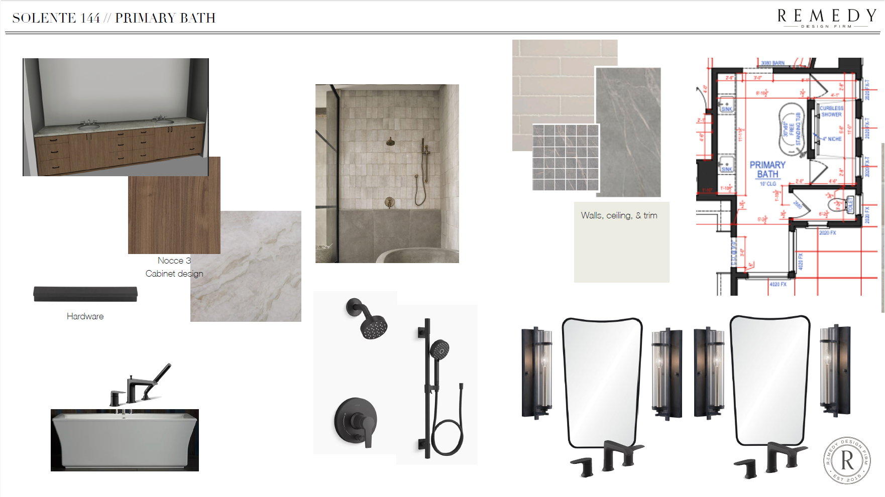 Interior Design Board. Displaying material selections and layout for a primary bath space