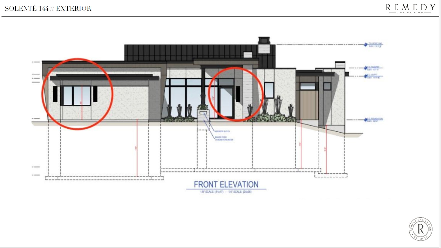 Exterior Elevation Plan. Illustrating the property's front facade with specific architectural elements highlighted
