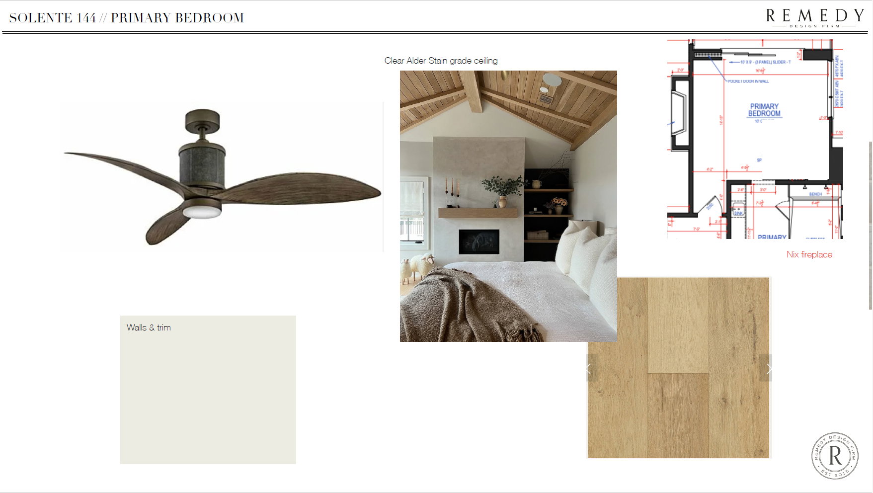 Design Board, Primary Bedroom. Illustrating proposed finishes and spatial organization for the property's primary bedroom
