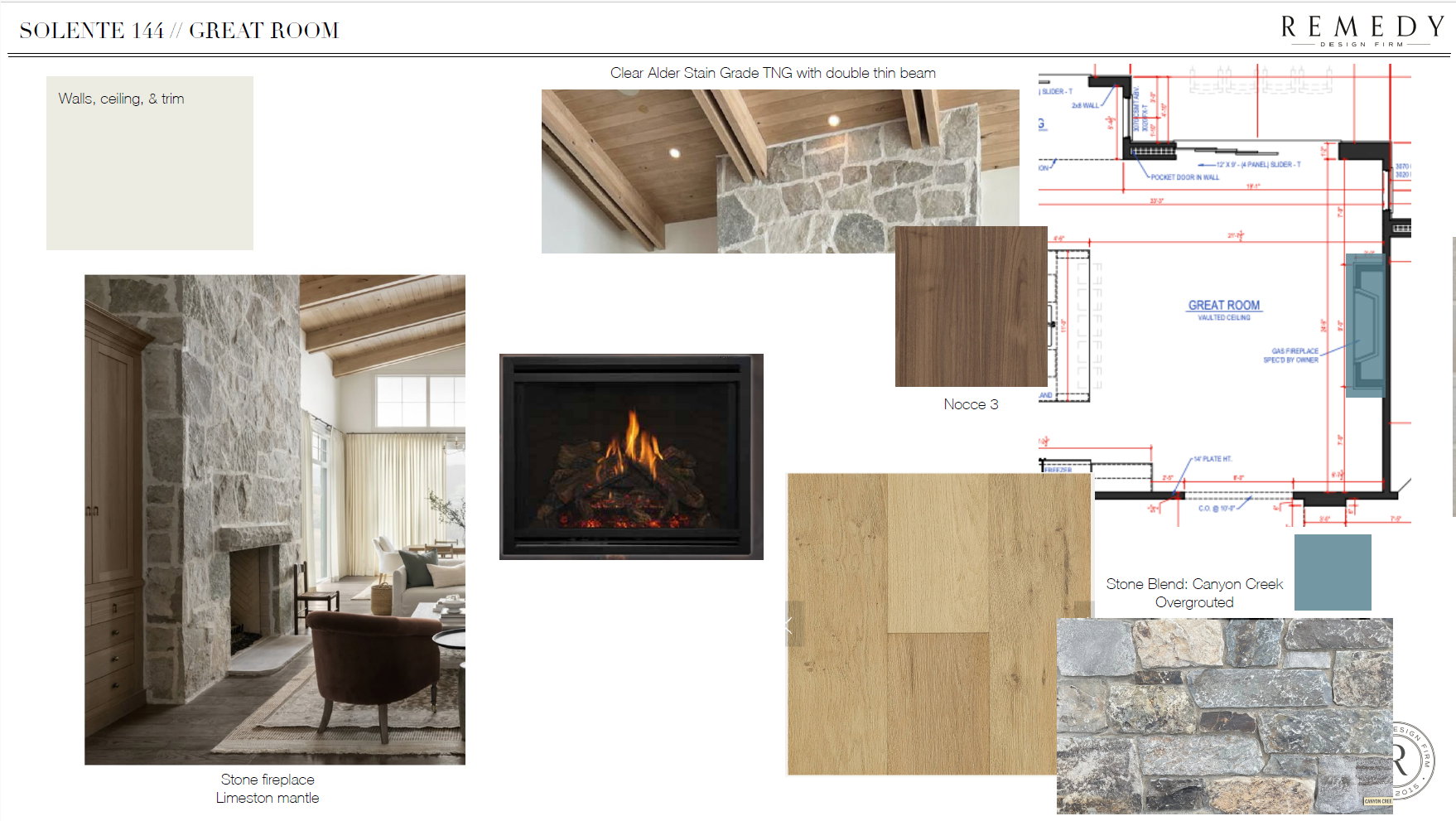 Design Board. Illustrating material selections and layout for the property's great room