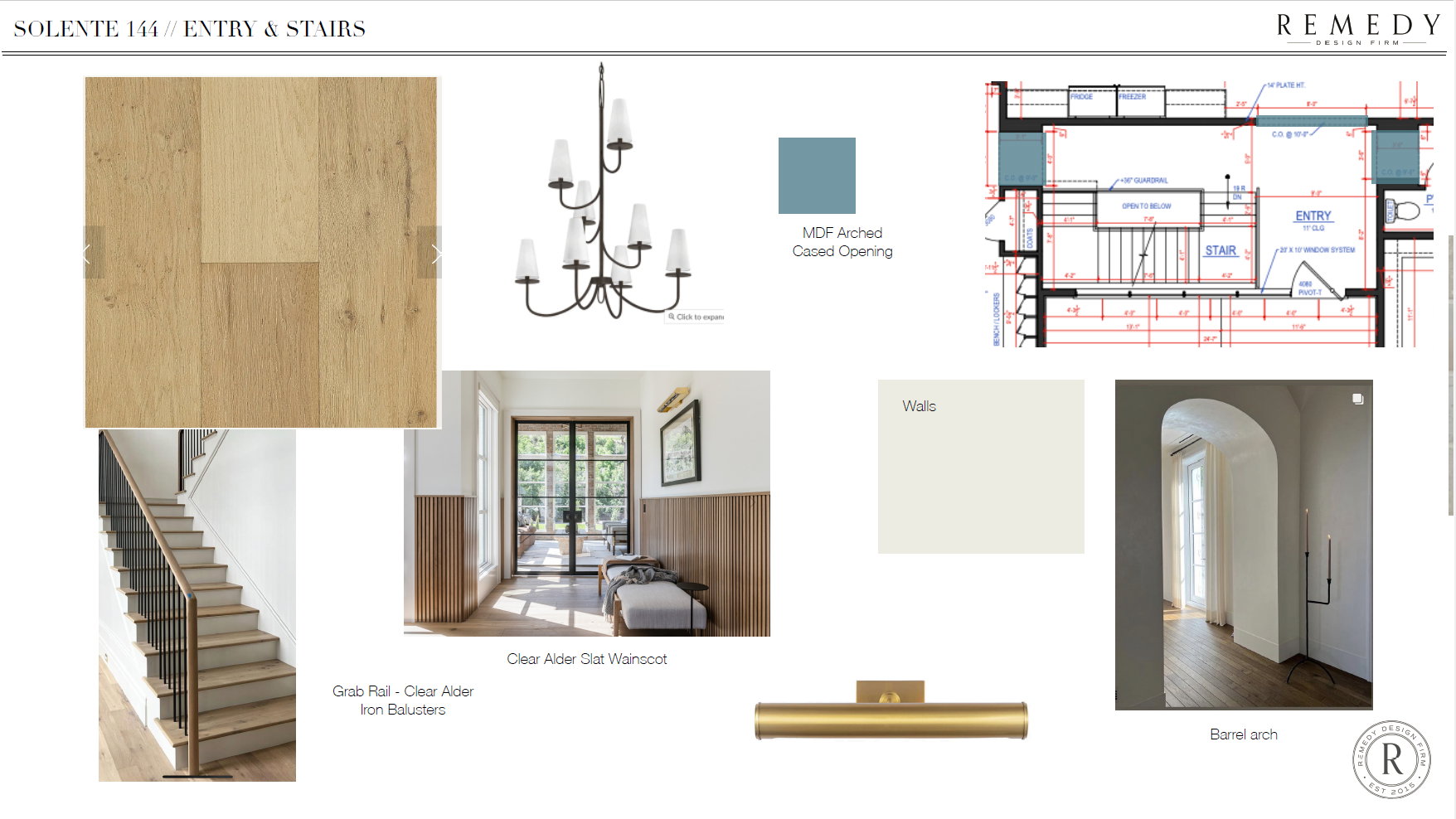 Design Board. Illustrating material and fixture selections for the entry and stairs of the property