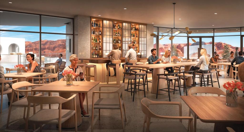 Expansive lounge space featuring a built-in bar with illuminated shelving, a variety of seating options, large format windows, a contemporary chandelier, and hard surface flooring