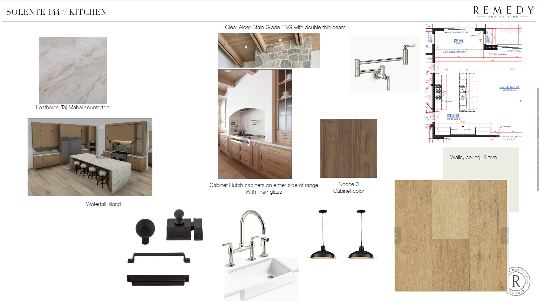 Kitchen Design Board. Presenting material selections and layout for the property's kitchen area