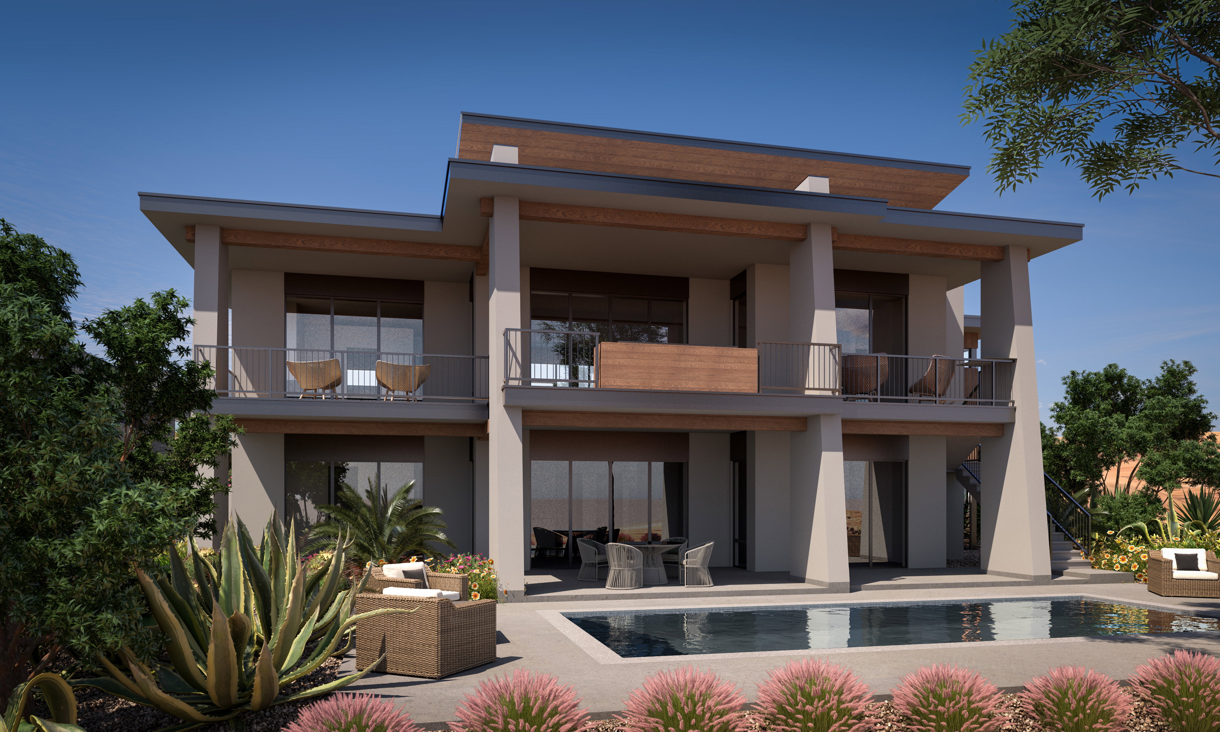 Contemporary two-story exterior with a flat roofline, multiple balconies, a built-in swimming pool, and desert landscaping