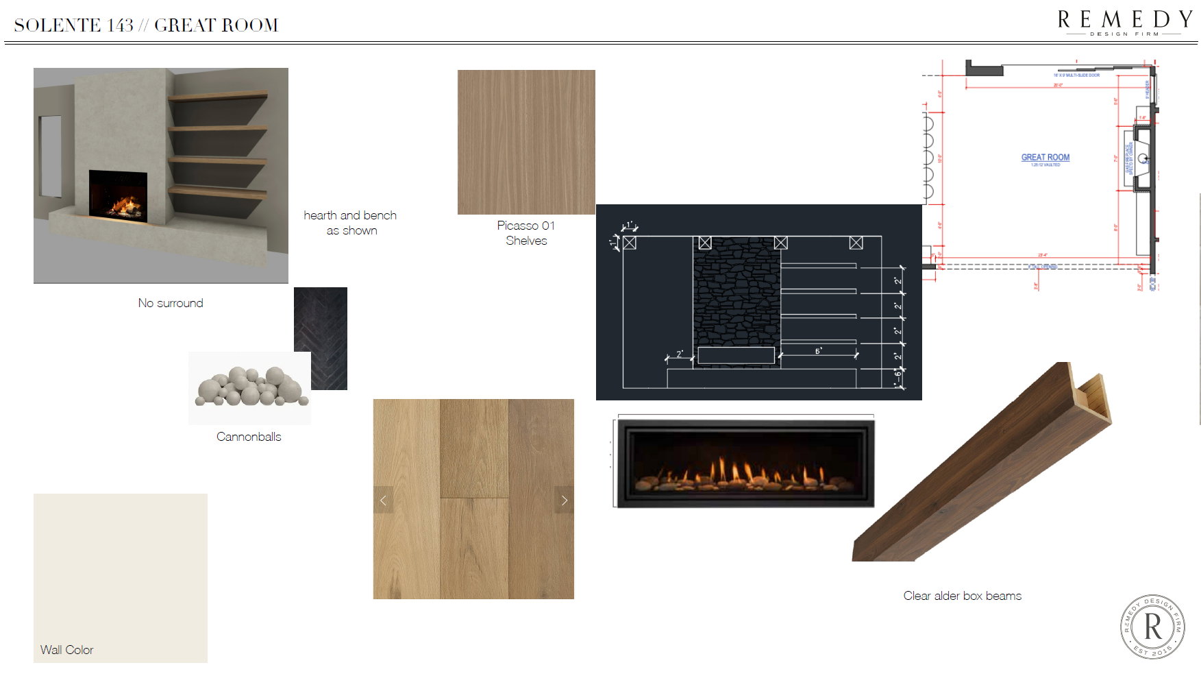 Design Plan. Presenting material selections and layout for a property's great room