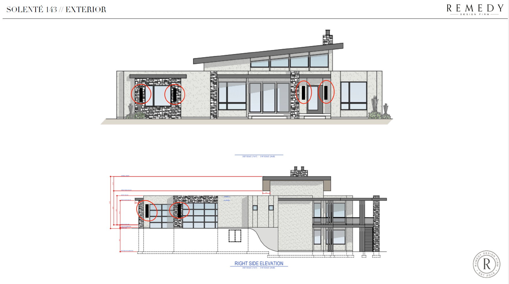 Architectural Blueprint, Exterior Elevations. Illustrating the front and right side property views with highlighted features
