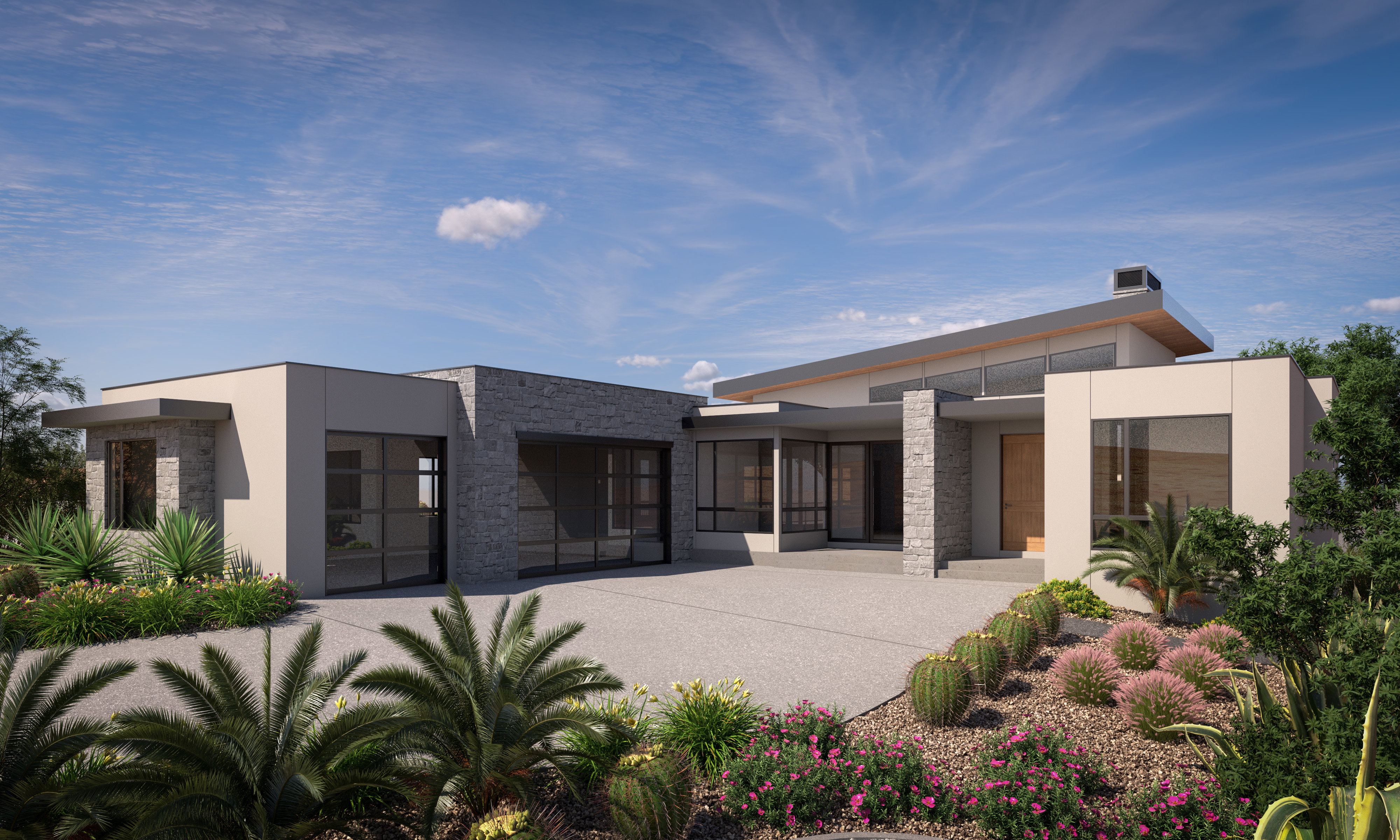 Contemporary architecture featuring a stone and stucco facade, a low-slope roofline, an integrated two-car garage with glass panel doors, and a desert-inspired landscape with various plantings and a concrete driveway