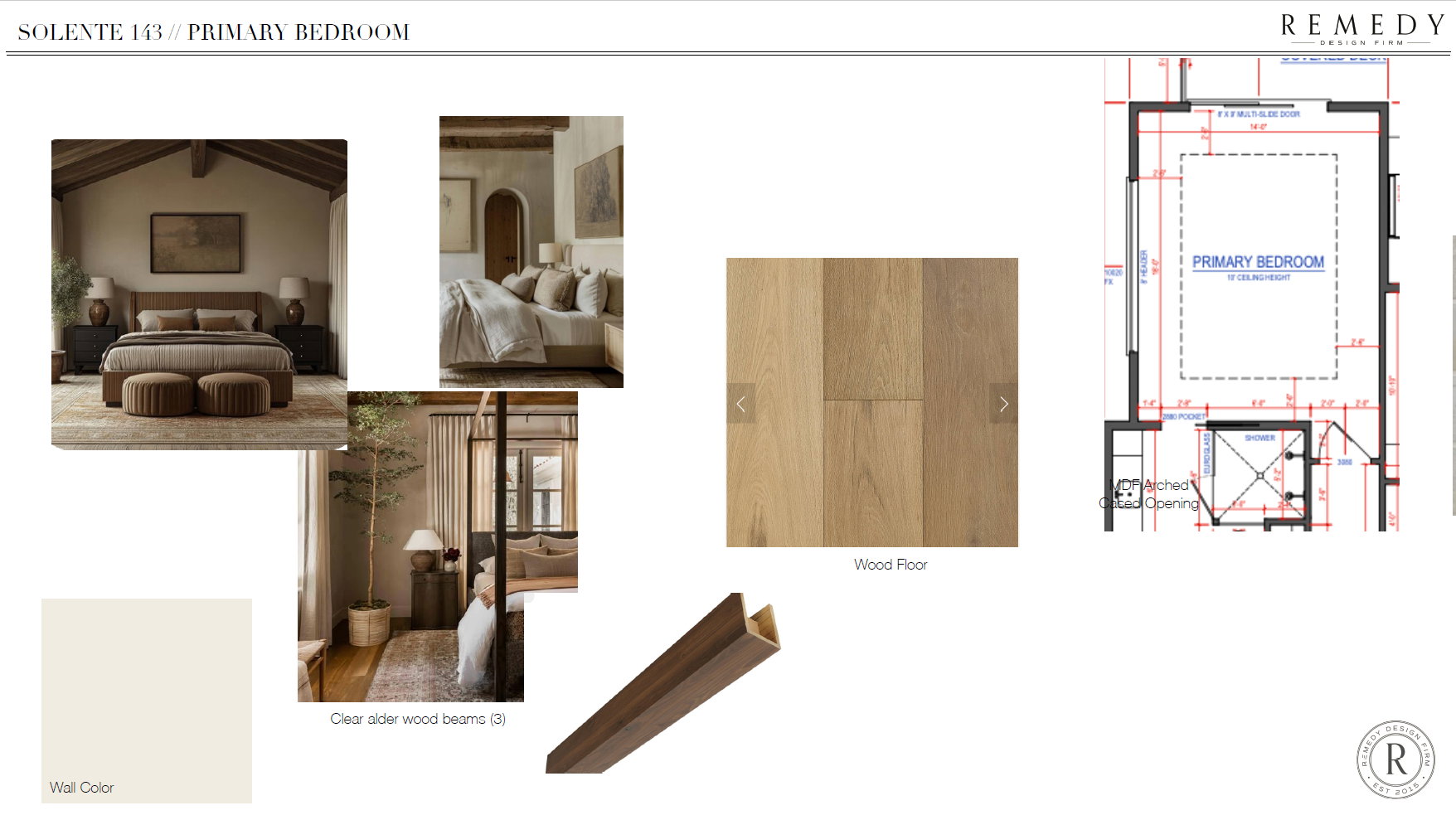 Design Board, Primary Bedroom. Illustrating material selections and layout for the designated space