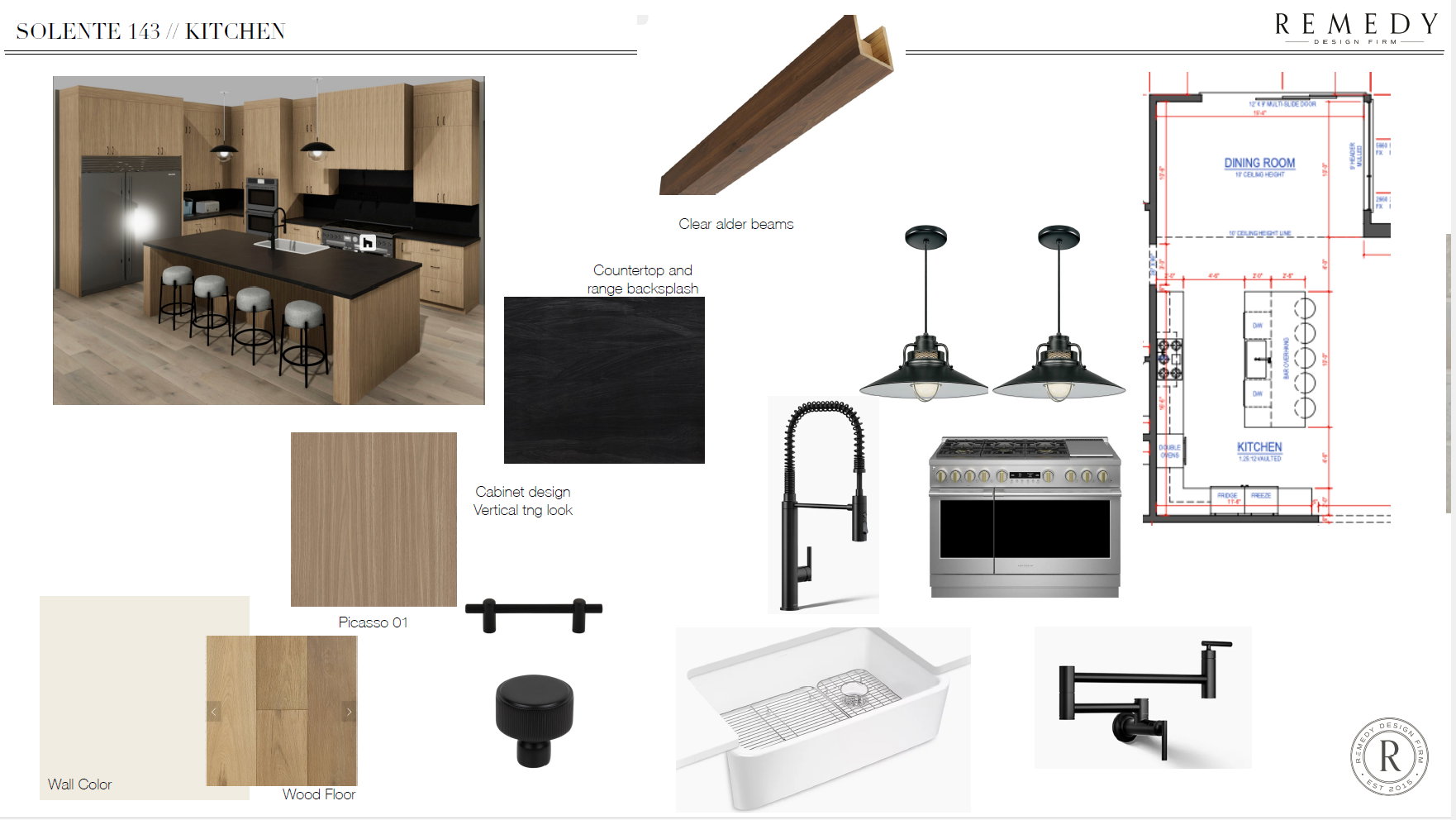 Kitchen Design Board. Presenting material selections, appliance specifications, and a floor plan for the property's kitchen area