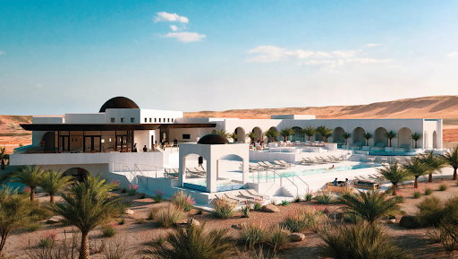Expansive desert-inspired architecture featuring multiple outdoor pools, sun loungers, and mature palm trees