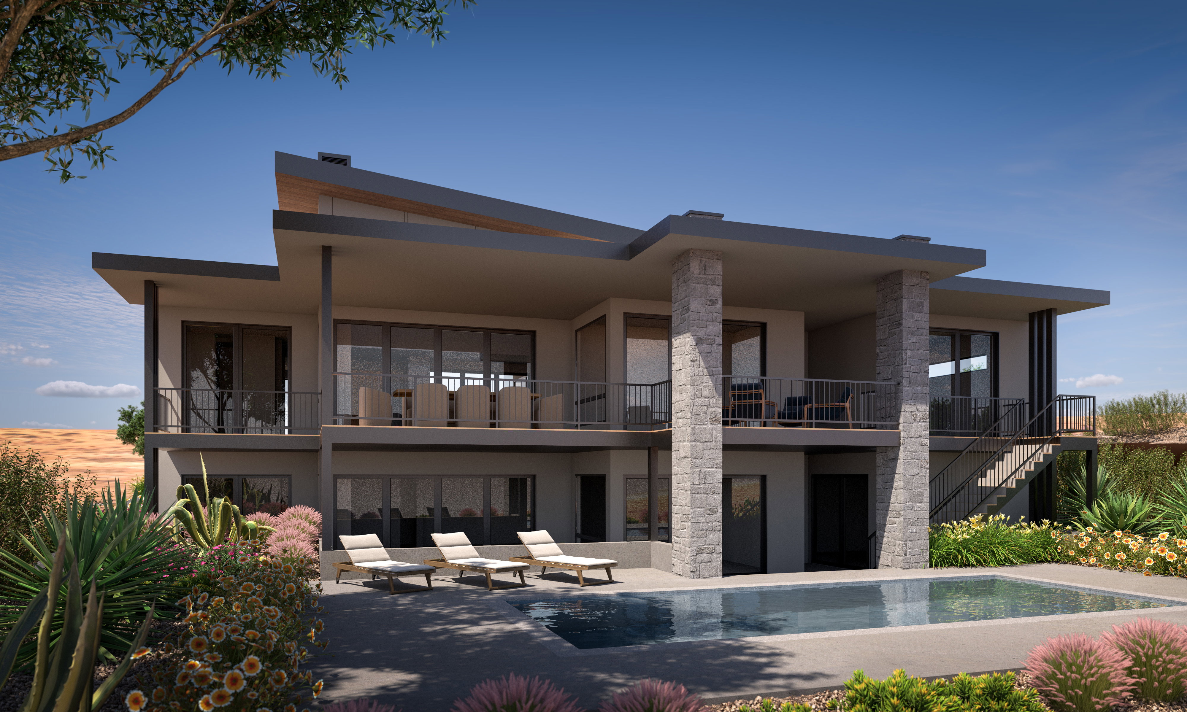 Contemporary property with multiple balconies featuring dark railings, a ground-level swimming pool, and stone-clad architectural pillars