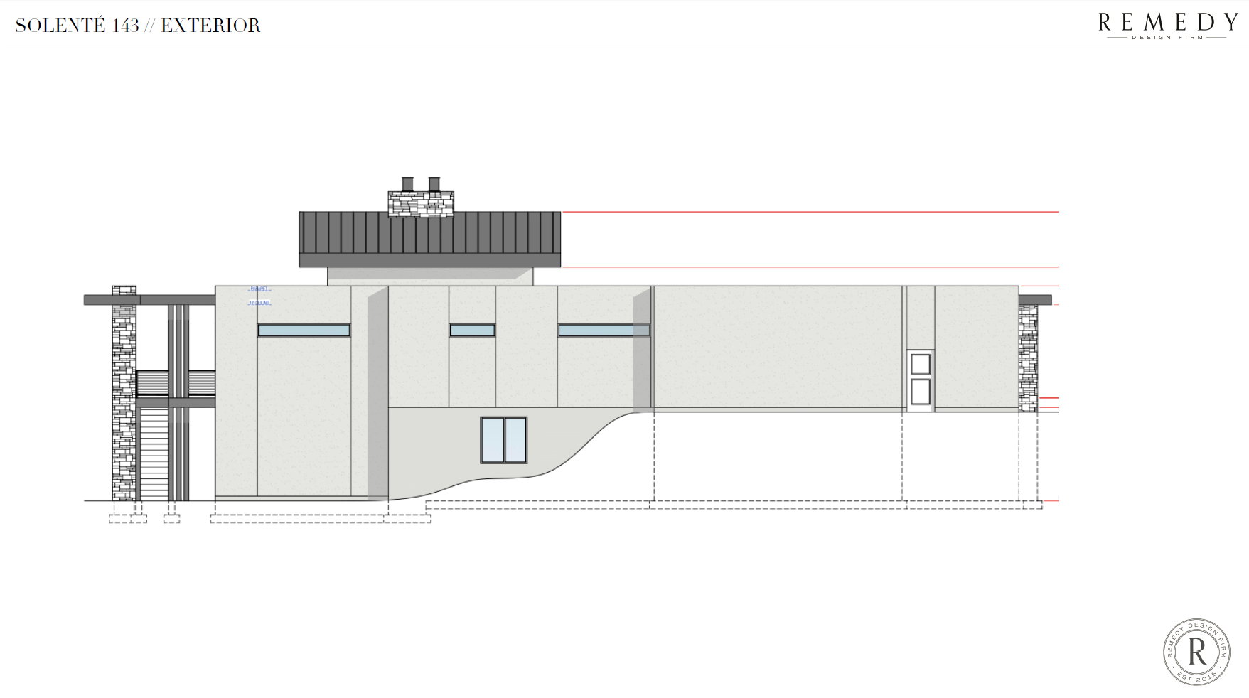 Architectural Drawing, Exterior Elevation. Illustrating a specific side of the property's design