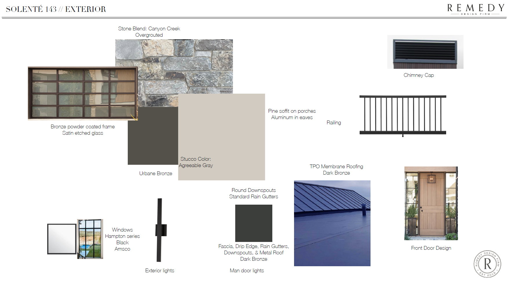 Exterior Finishes Specification. Presenting material and color selections for the property's exterior elements