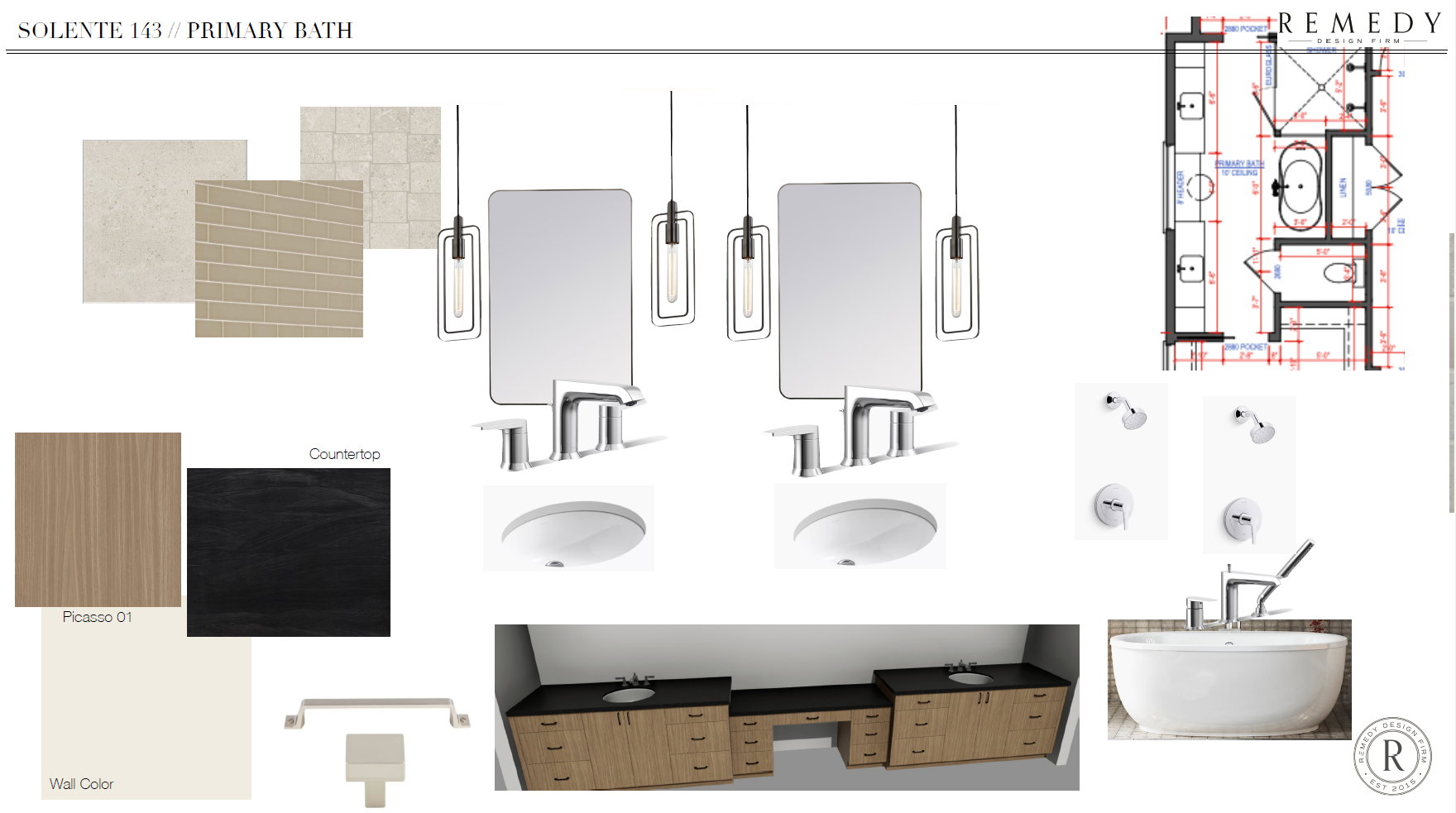 Design Board. Presenting material and fixture selections for the primary bath space, with a corresponding floor plan