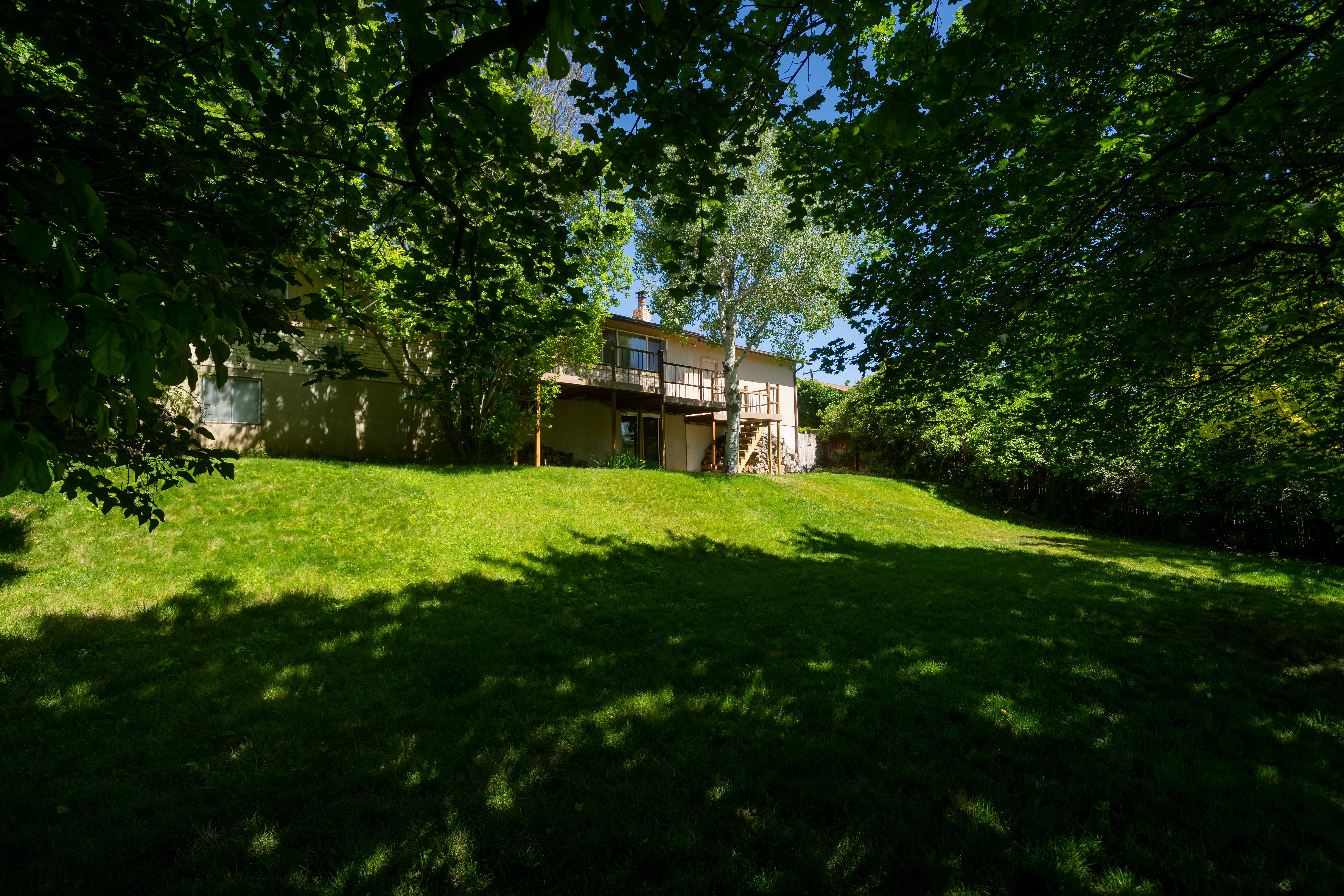 Expansive terraced lawn with mature perimeter trees