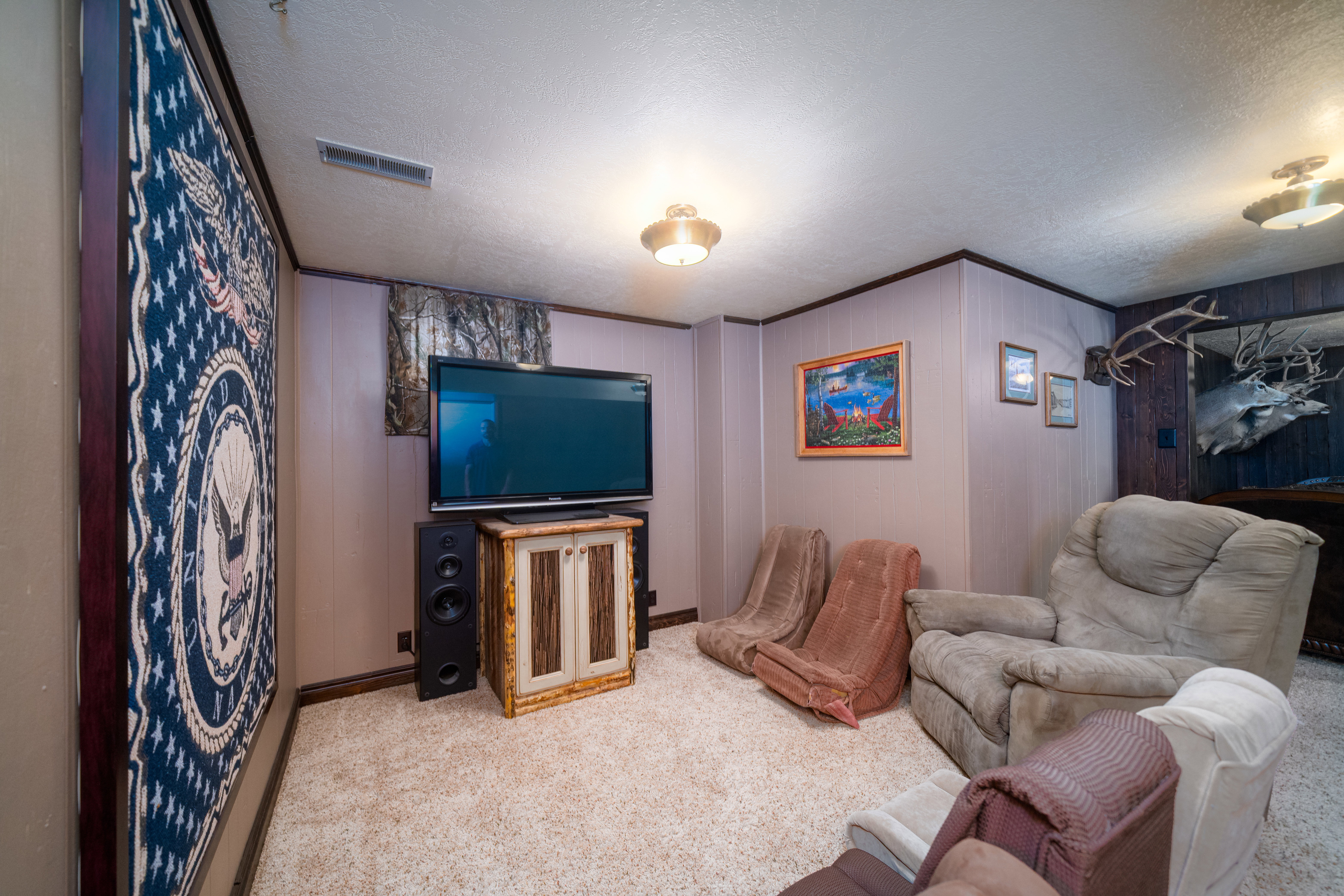 Carpeted room featuring vertical paneling, dark wood trim, and a built-in entertainment cabinet