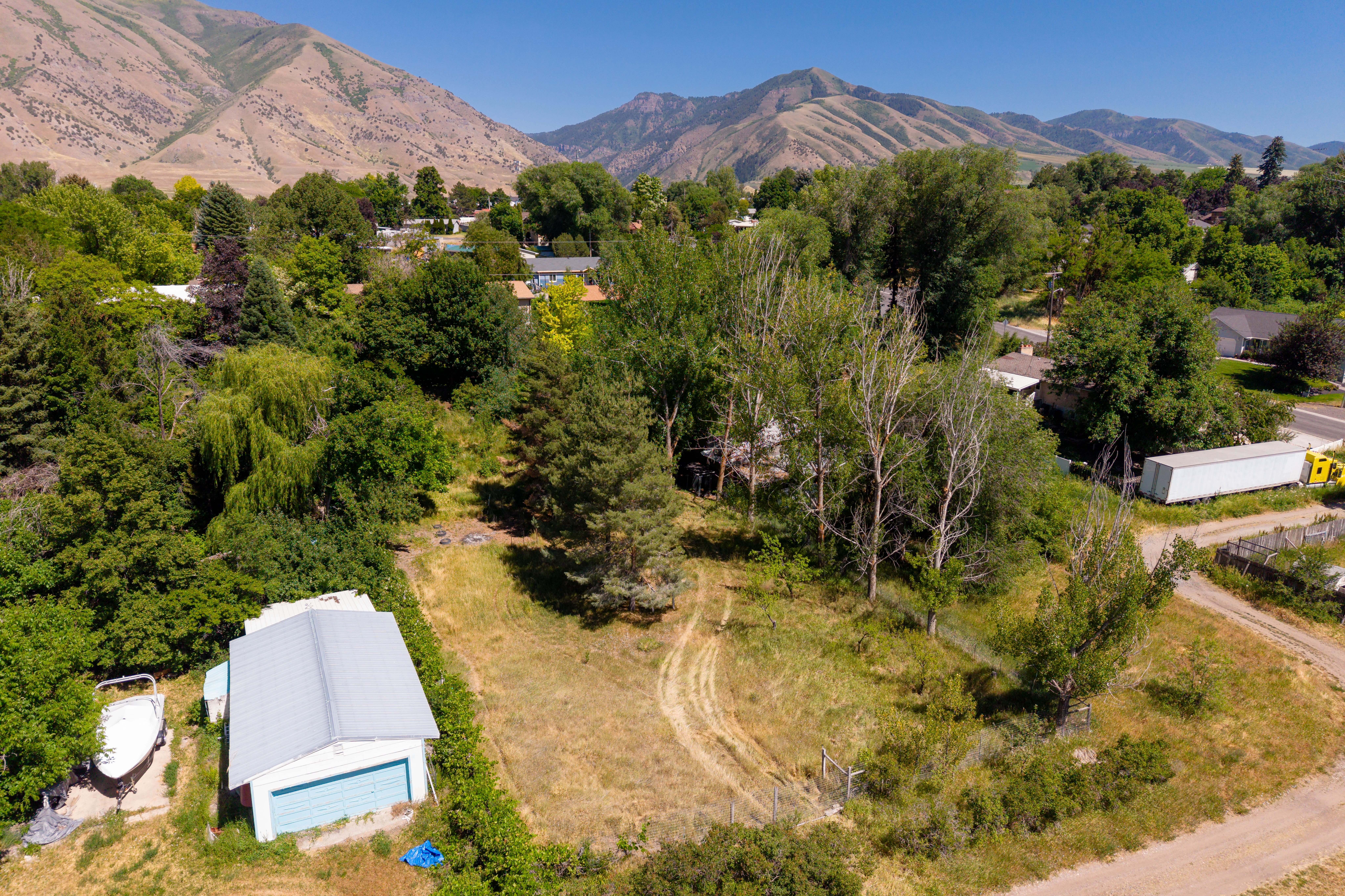 Expansive land parcel featuring mature trees, a detached garage with a light blue door, and a mountainous backdrop
