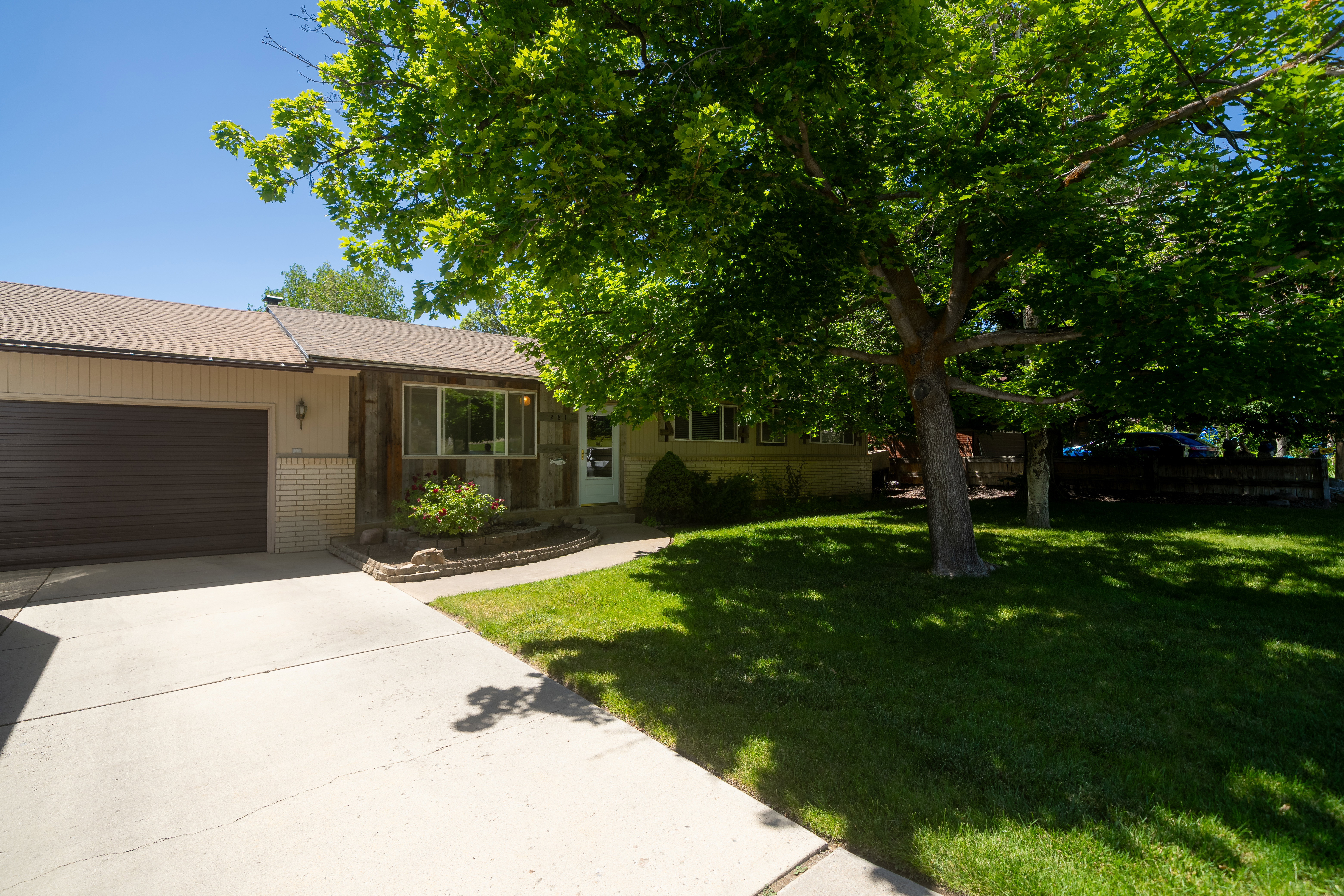 Ranch-style exterior featuring a concrete driveway and an attached garage with a dark brown door