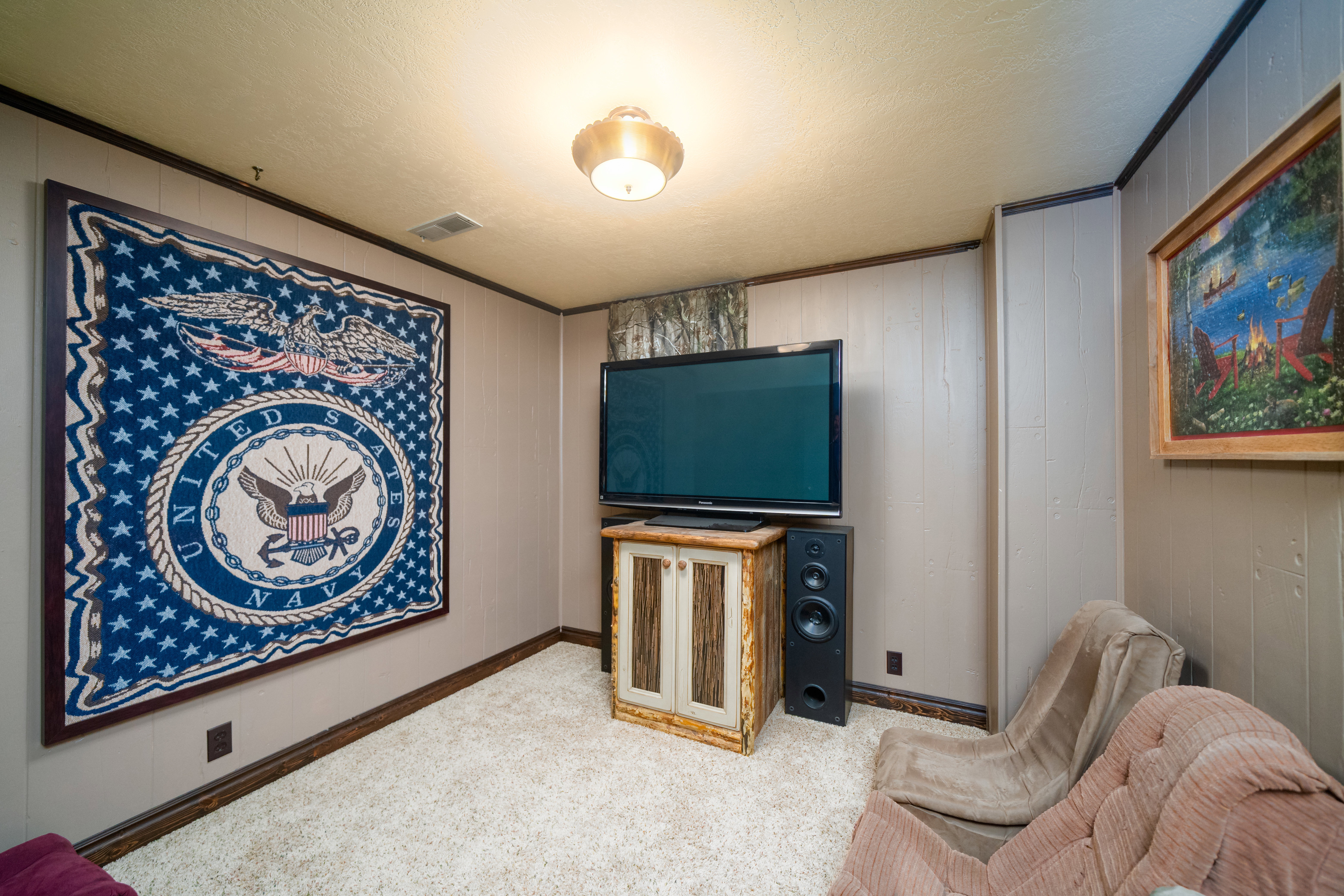 Carpeted room featuring vertical wall paneling, dark wood-finish trim, and a flush-mount ceiling light fixture