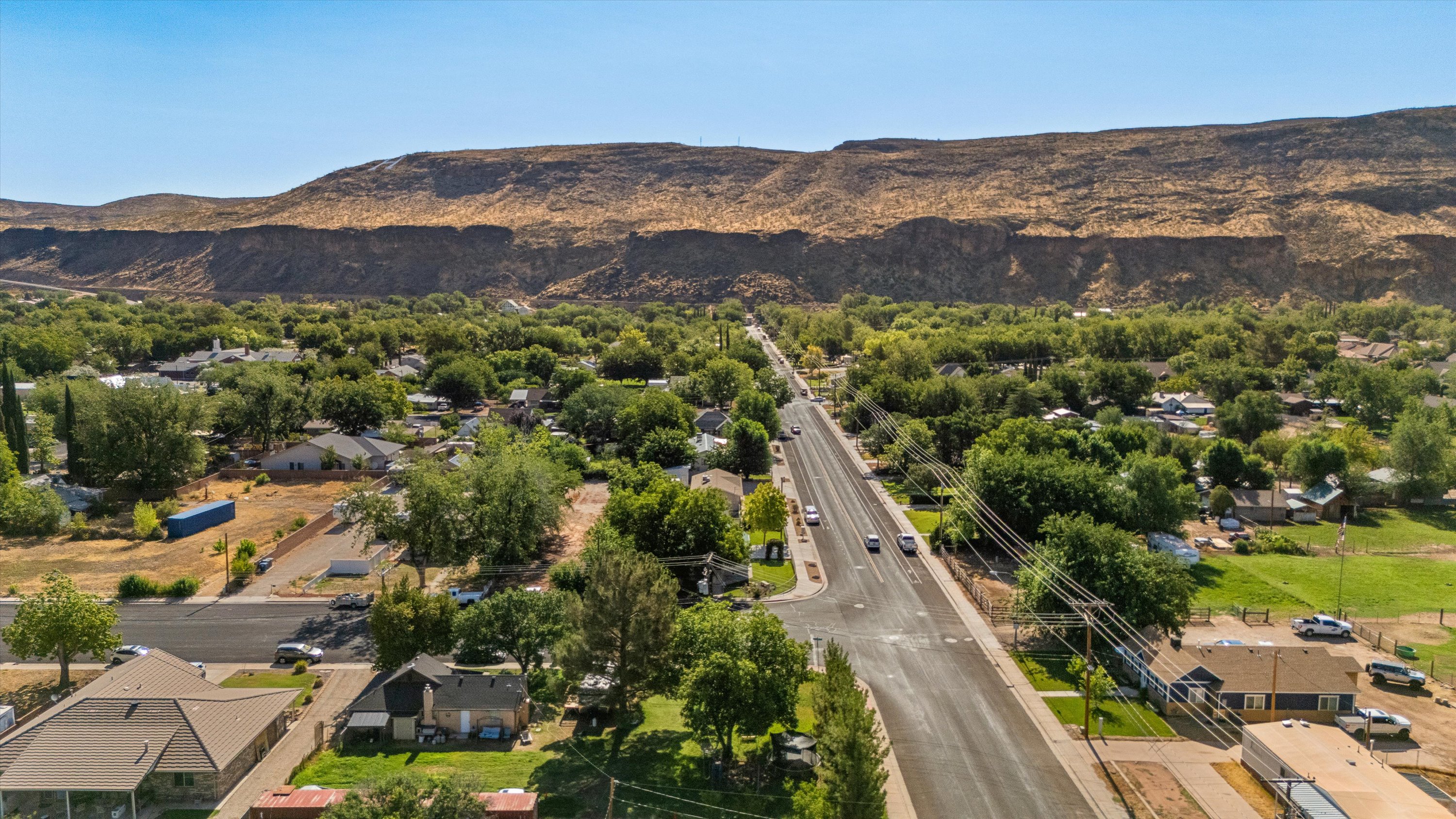 Expansive residential area featuring a paved roadway, mature trees, and numerous properties set against a prominent mountainous backdrop