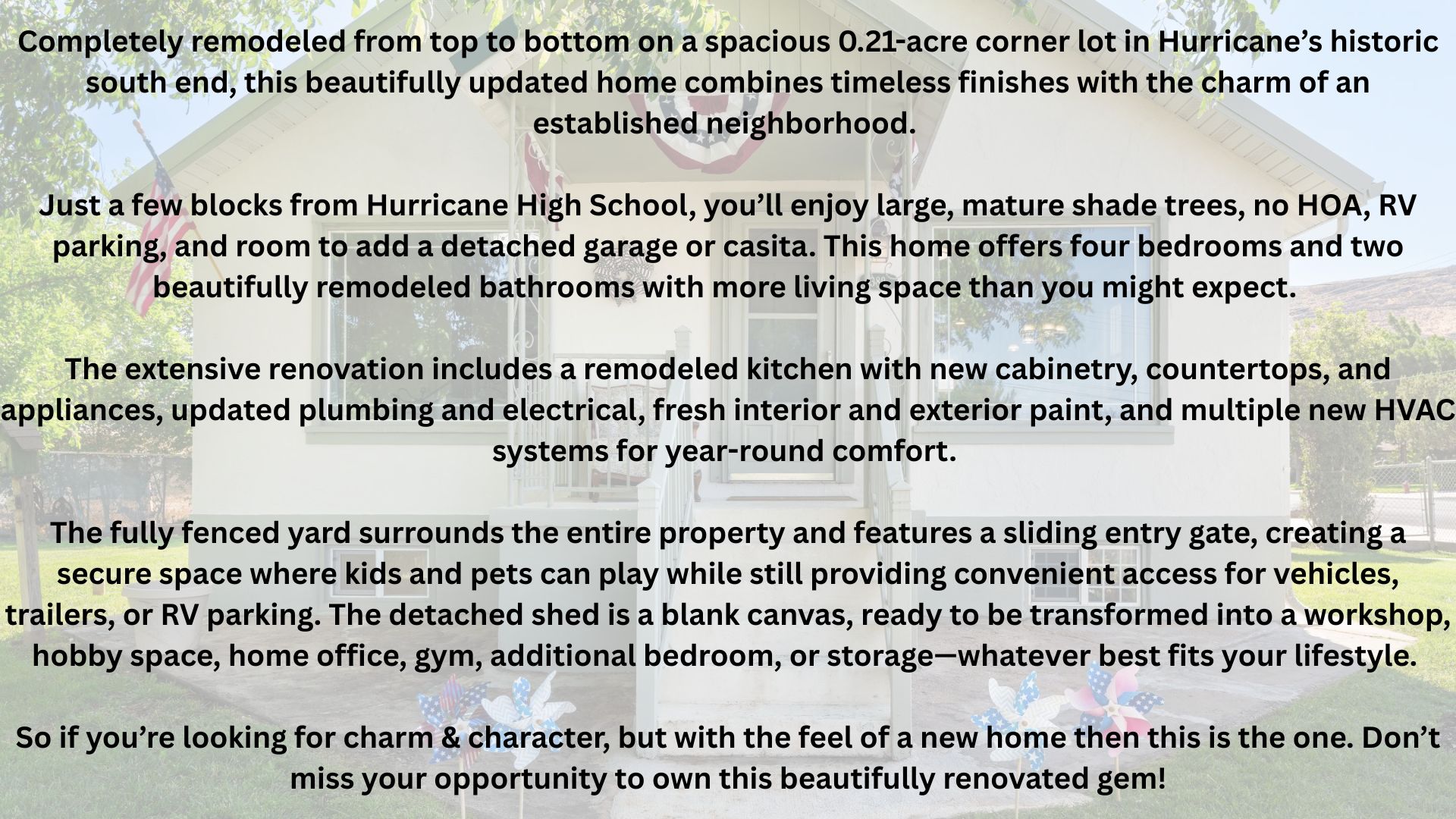 Property Description. Detailing features, renovations, and property attributes
