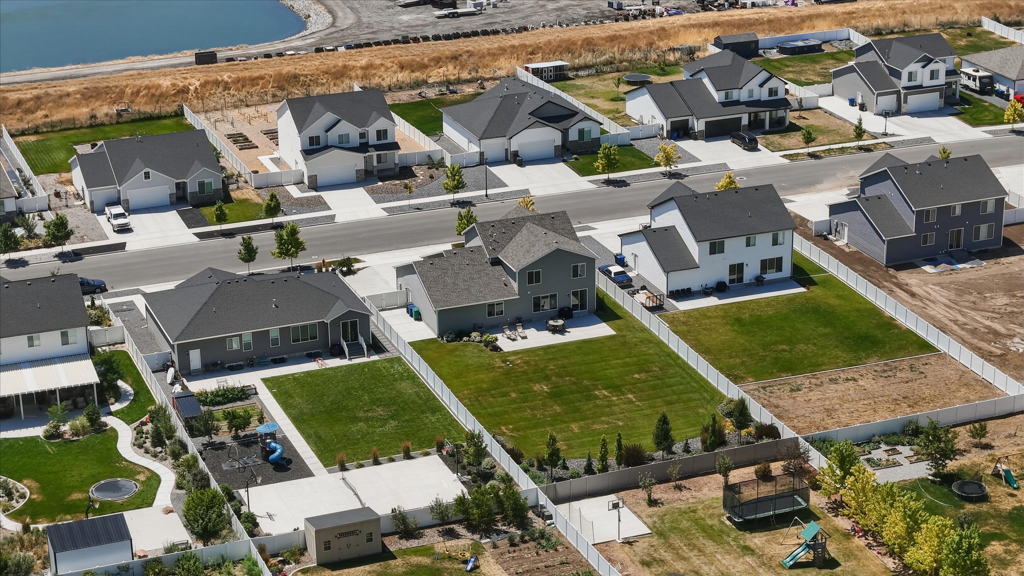 Aerial view showcasing a residential neighborhood with a consistent architectural style