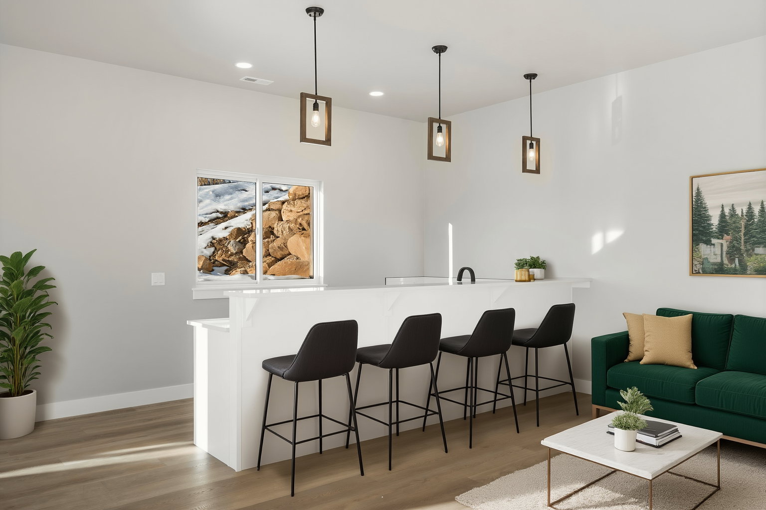 Integrated wet bar featuring a white countertop, undermount sink with a matte black faucet, and three pendant lights with wood-finish frames