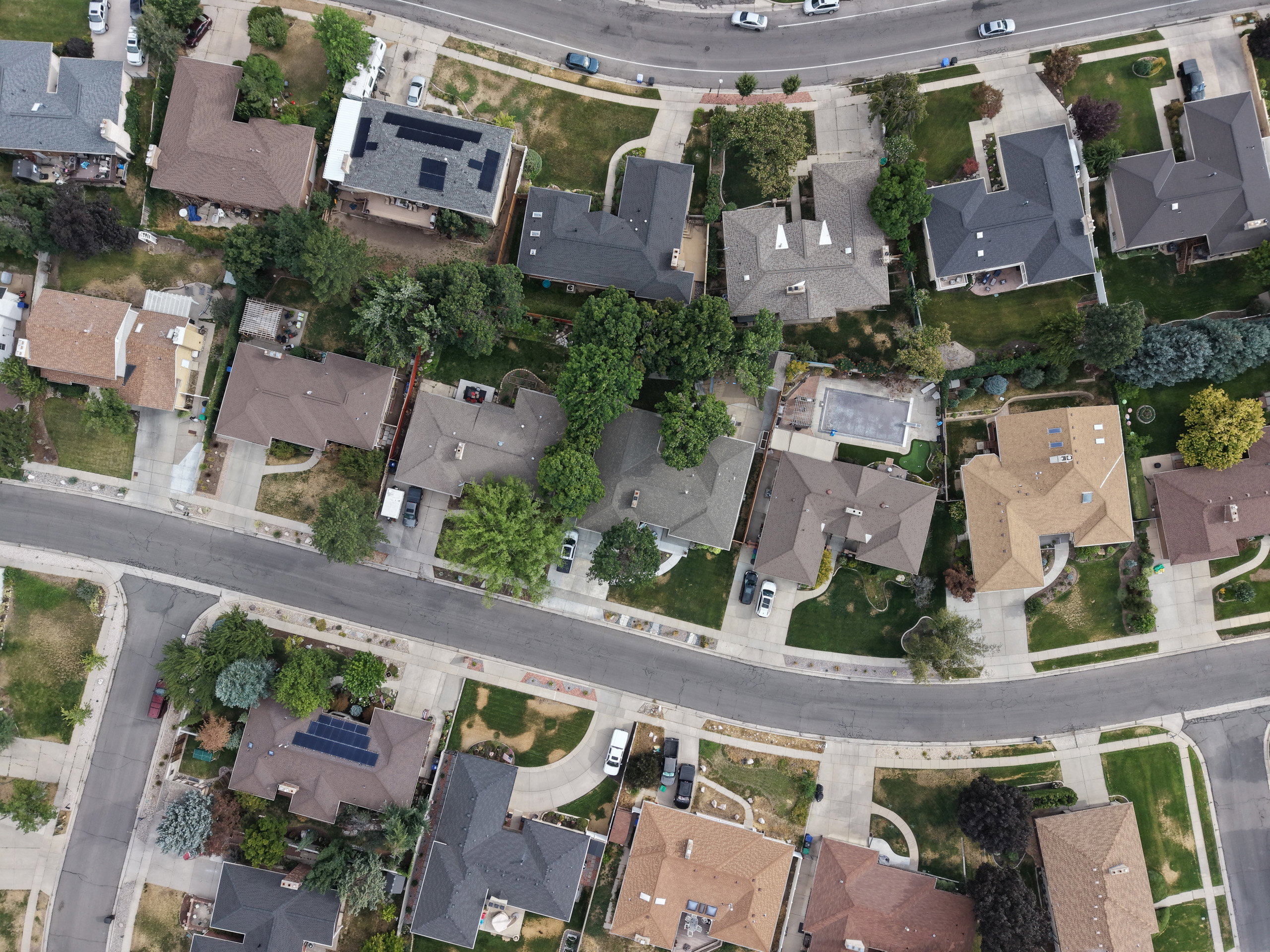 Residential neighborhood featuring a variety of single-family homes, mature landscaping, and an inground swimming pool