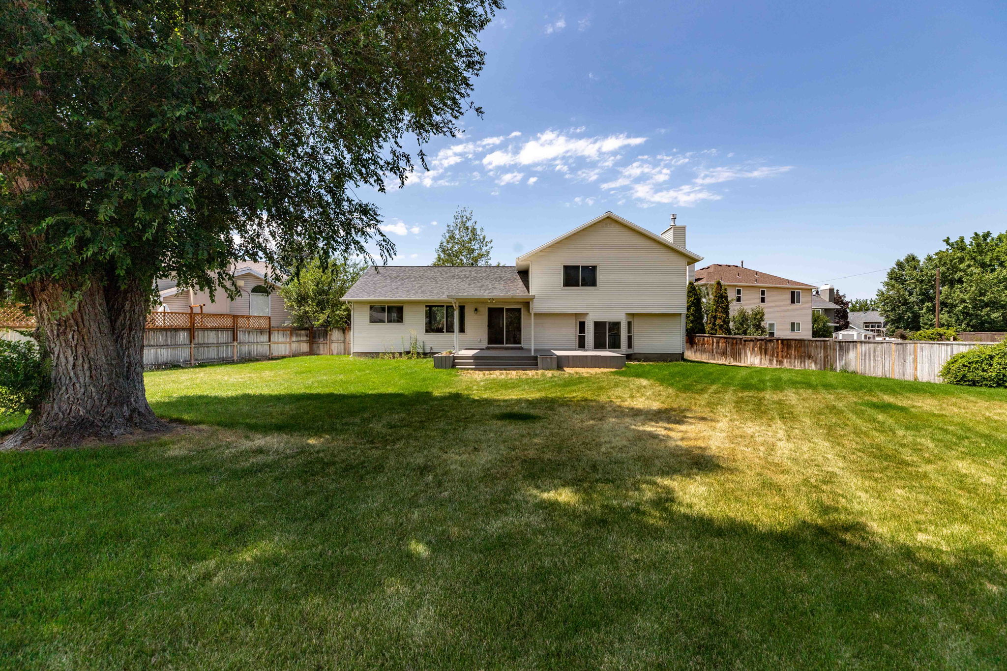 Spacious backyard with a large mature tree providing shade