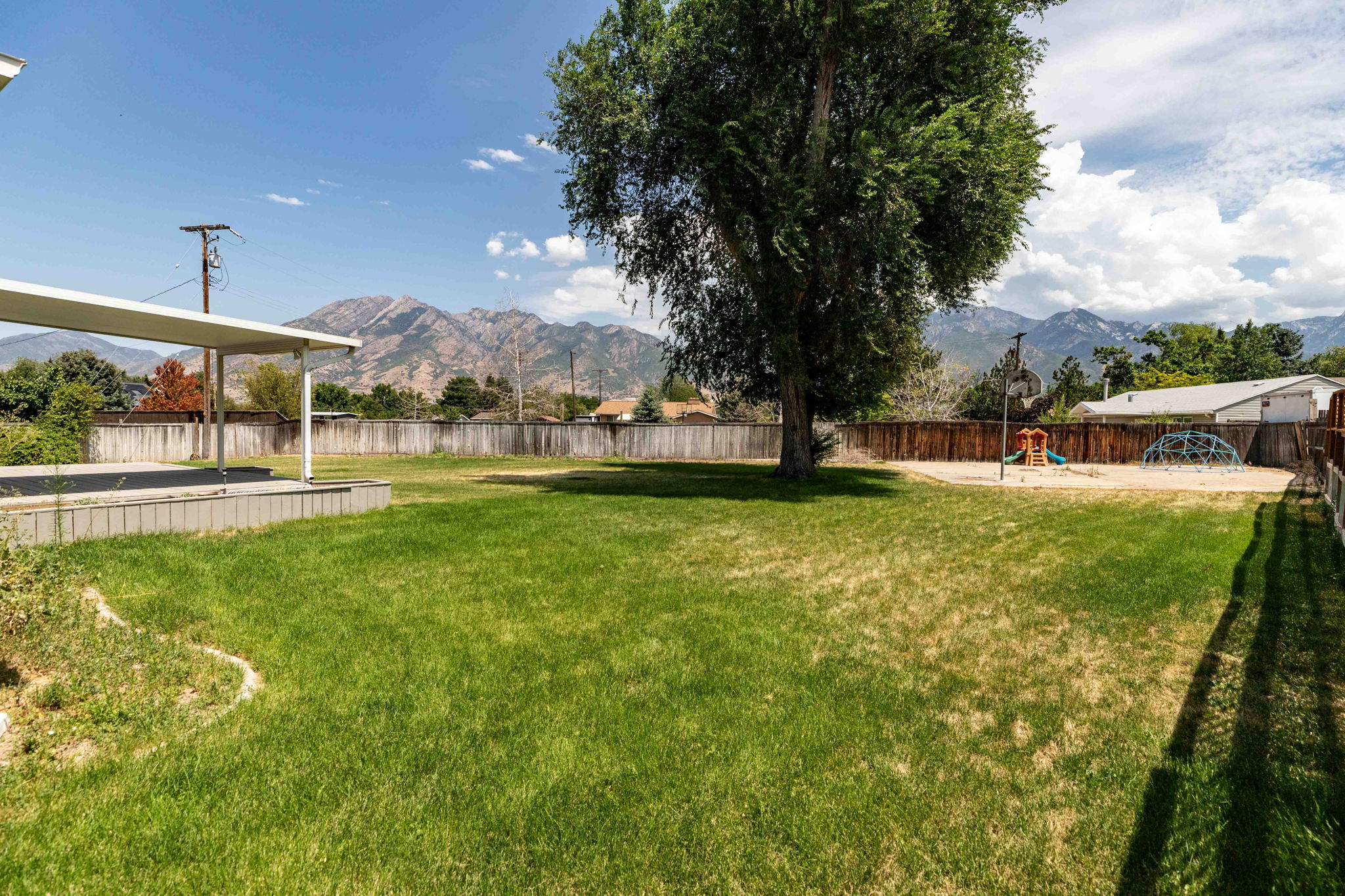 Expansive backyard featuring a large tree, a covered patio, and a wood fence enclosing the perimeter