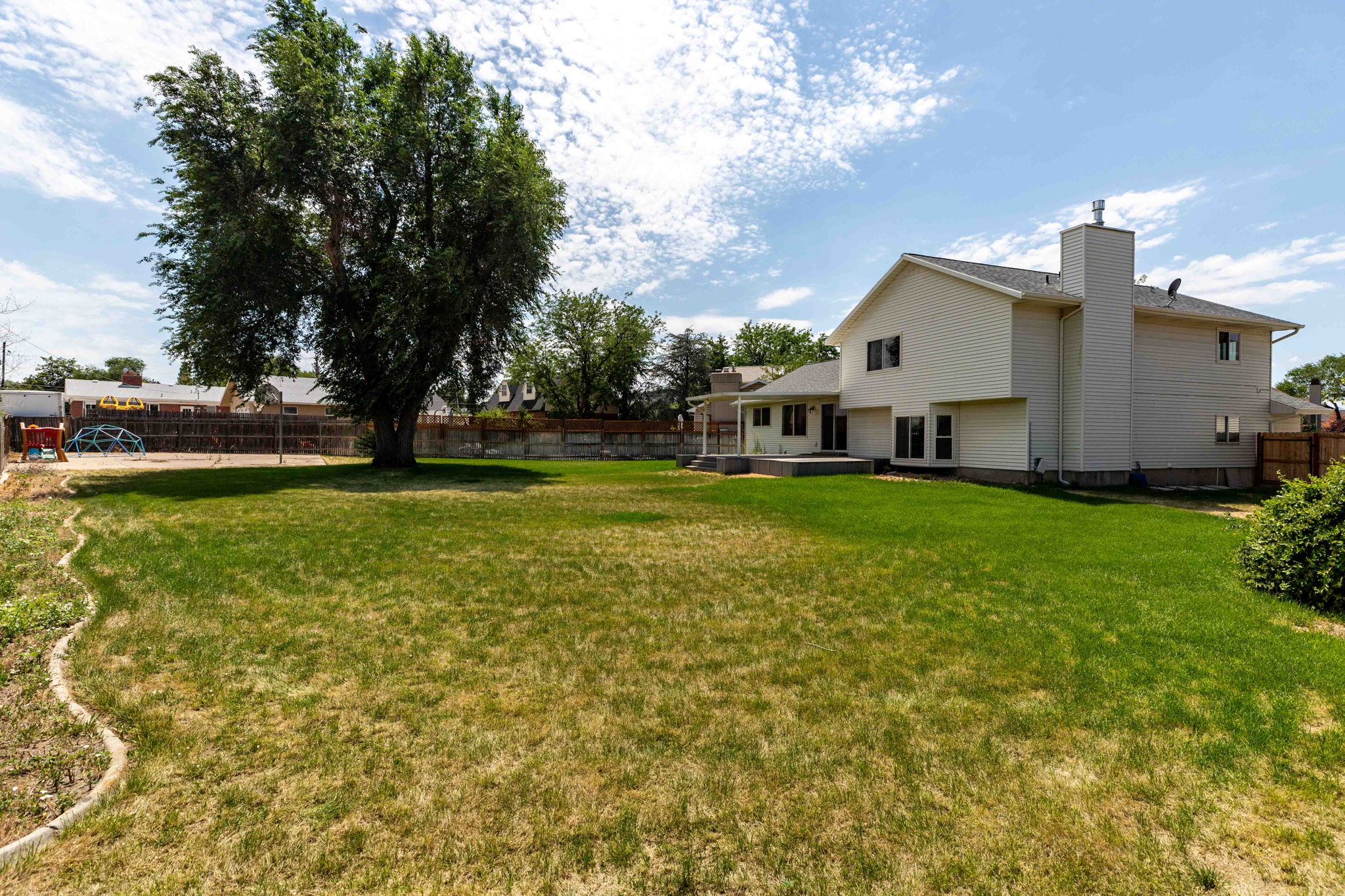 Expansive backyard featuring a mature shade tree, a concrete patio, and a two-story residence with light-colored siding