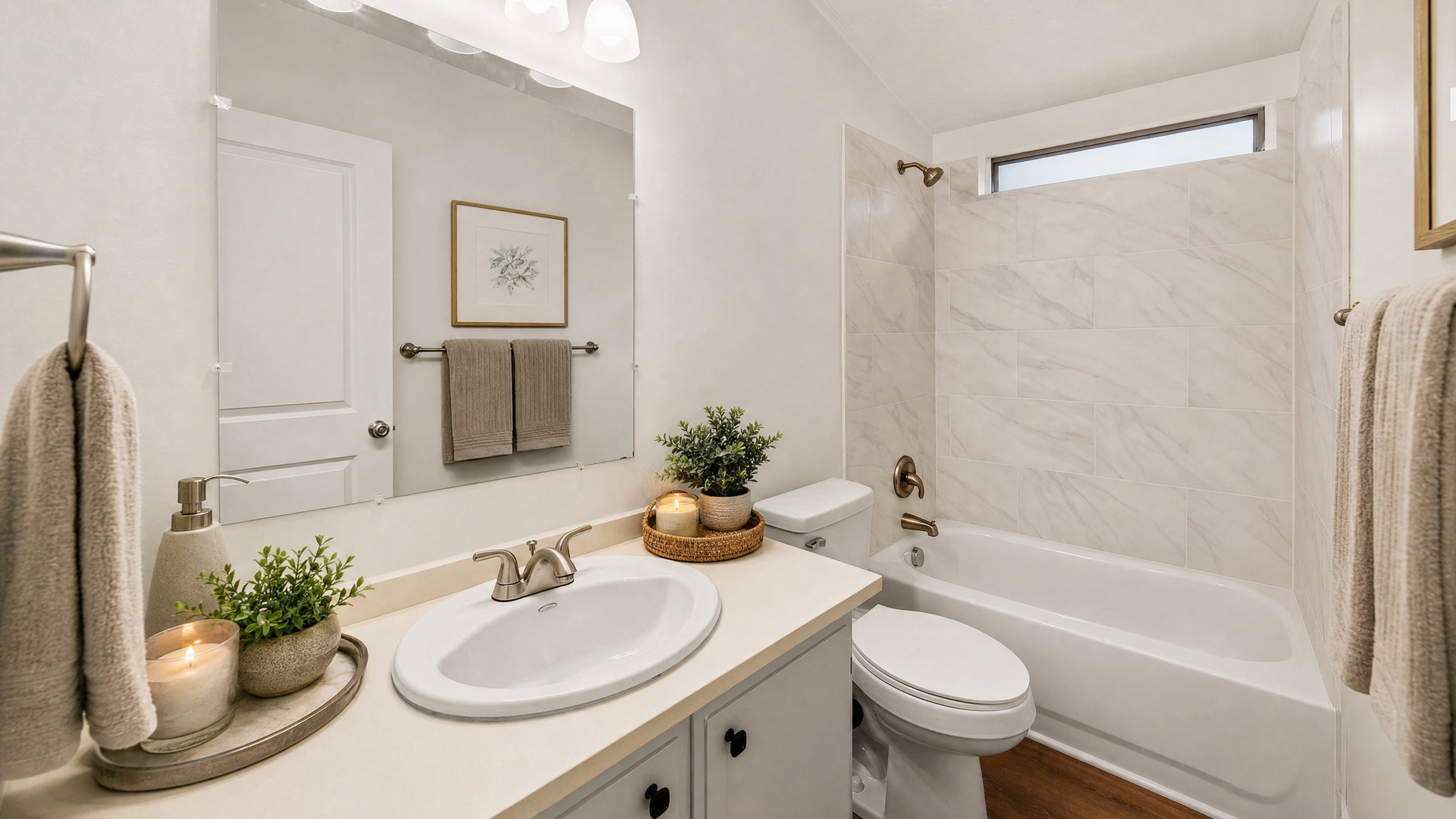 Bathroom featuring a light-toned vanity with an integrated sink, a large wall-mounted mirror, brushed nickel fixtures, a tub with a tiled surround, and wood-finish flooring