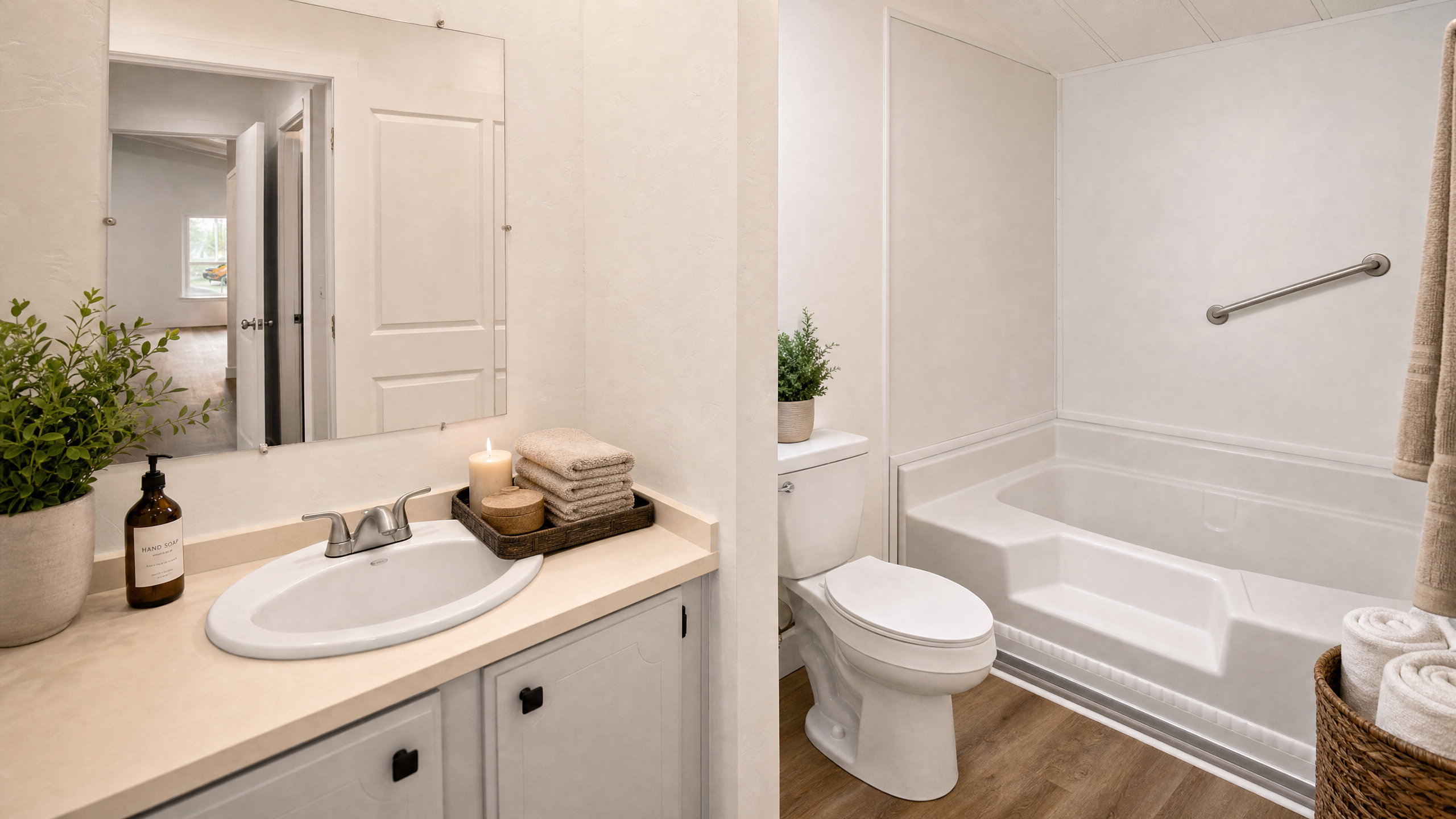 Bathroom featuring a white integrated sink vanity with light cabinetry, a white toilet, and a white bathtub with a grab bar