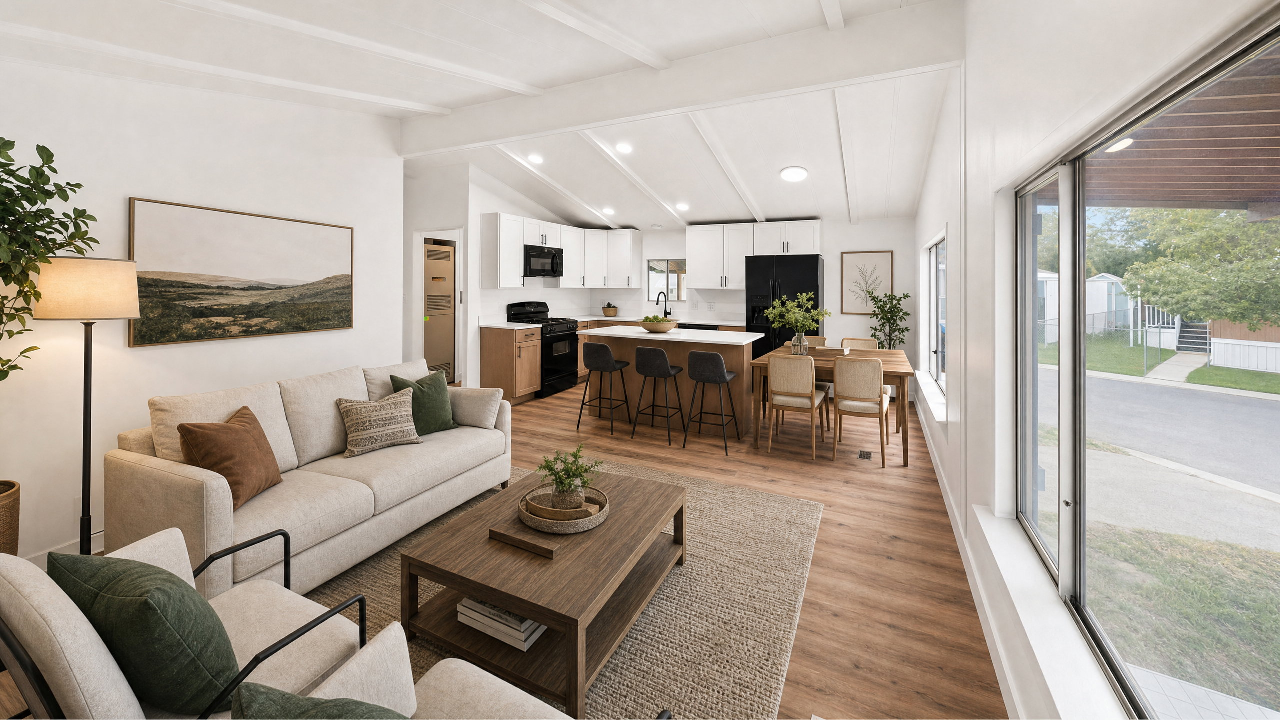 Open-concept living space featuring wood-finish flooring, vaulted ceilings, and large windows