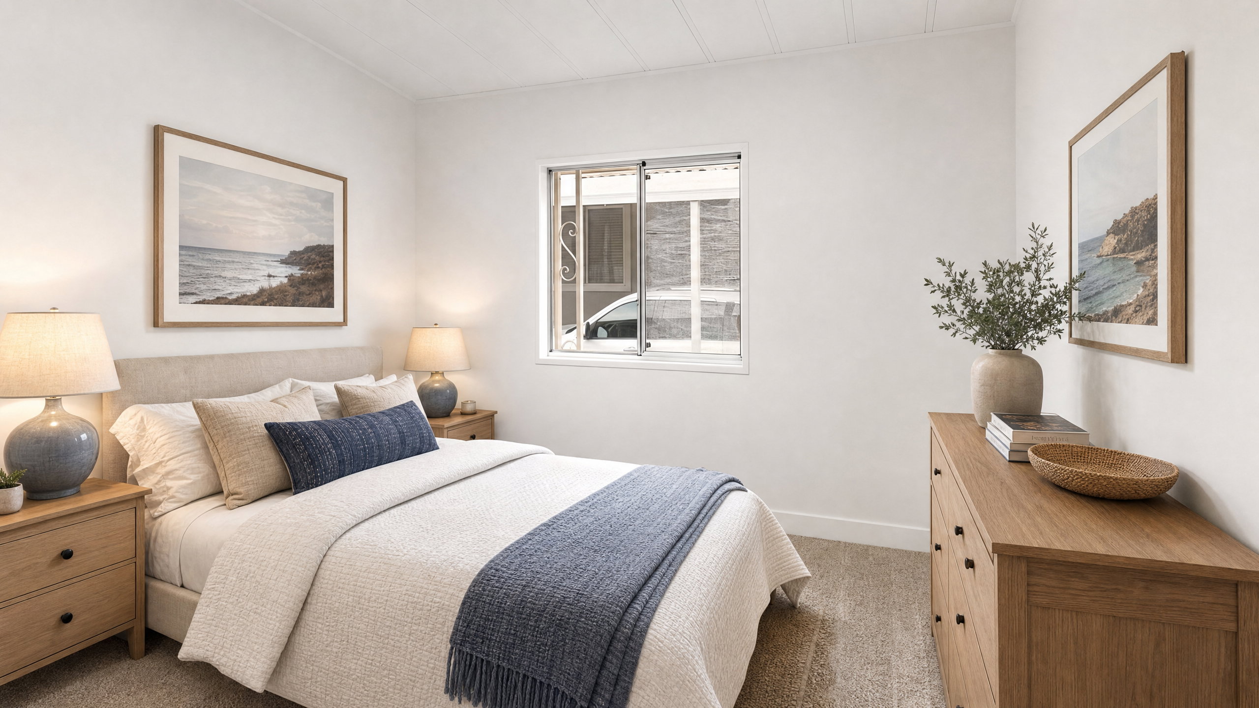 Neutral color palette with wood-finish furnishings