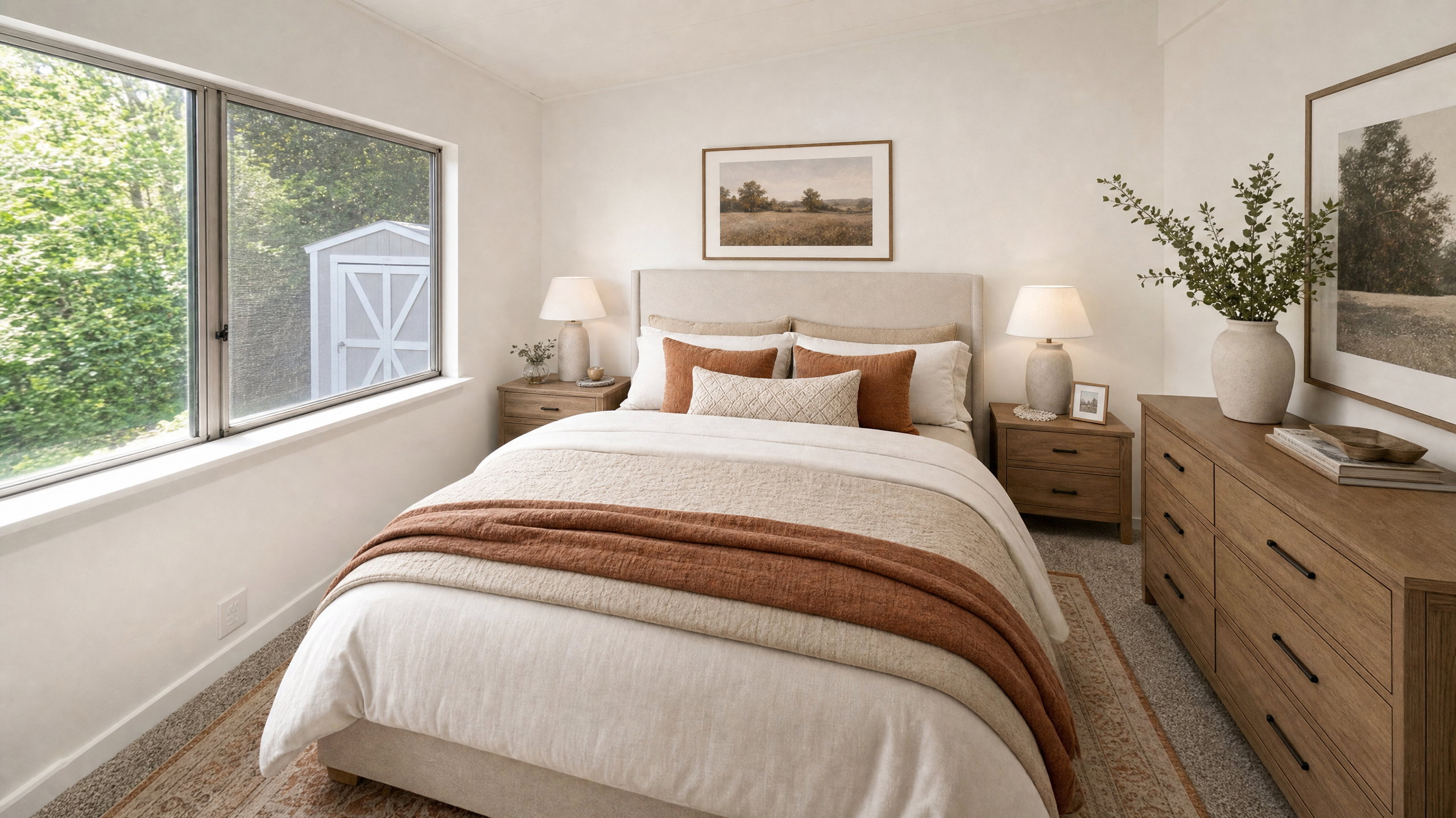 Bedroom featuring a large window, light-colored walls, and carpeting