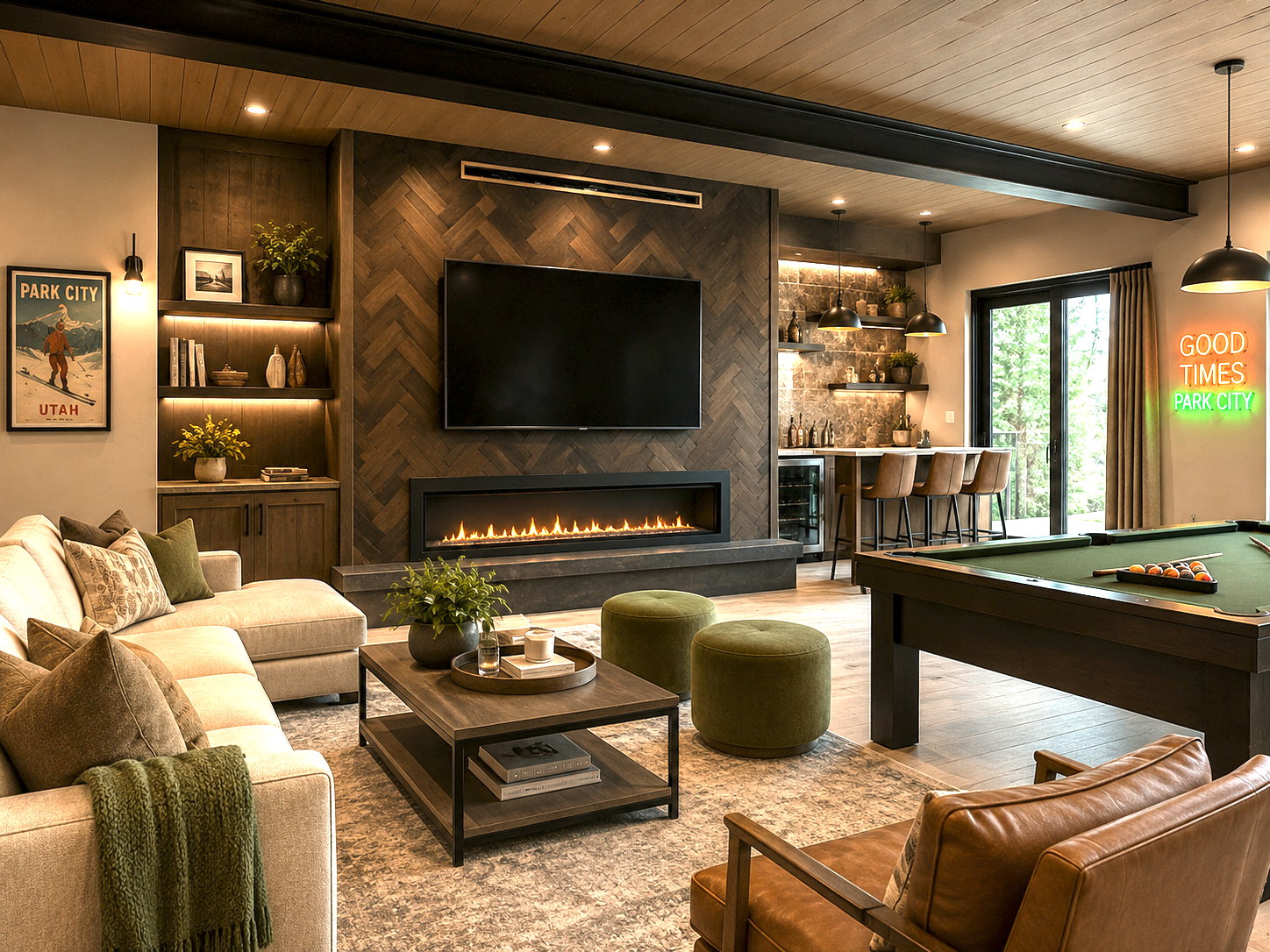 Entertainment space featuring a linear fireplace set into a herringbone wood-finish wall, a built-in wet bar with floating shelves, a pool table, and wood-finish ceiling details