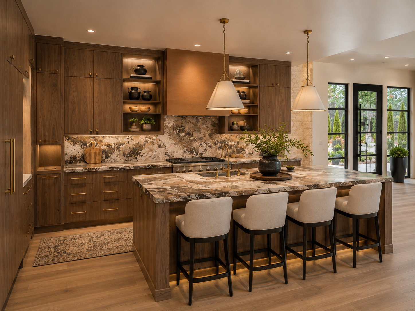 Kitchen featuring a large central island with integrated seating, stone countertops and backsplash, custom wood cabinetry, and recessed lighting