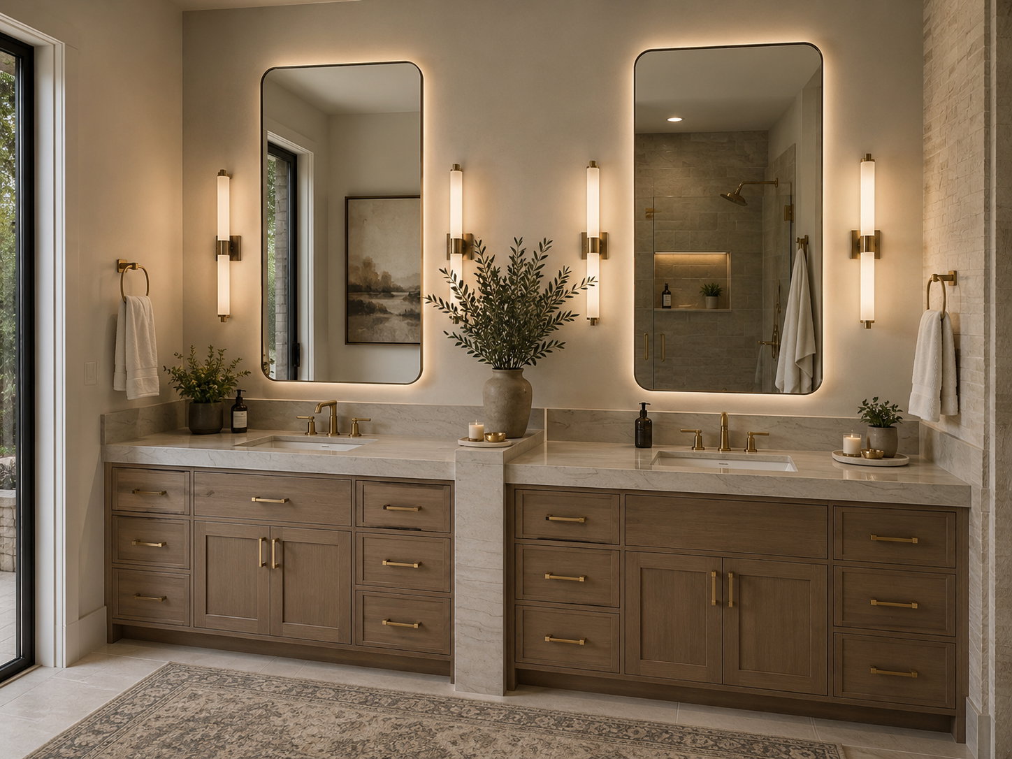 Dual vanity featuring light wood-finish cabinetry with brass hardware, undermount sinks, and stone countertops