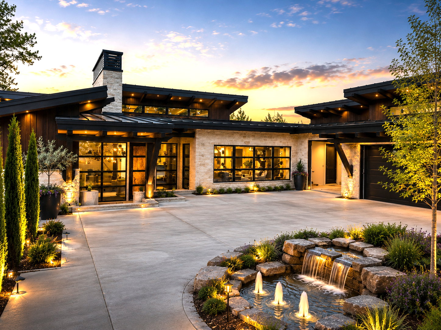 Modern exterior featuring stone and wood-finish siding, extensive glazing, a prominent chimney, and an integrated garage
