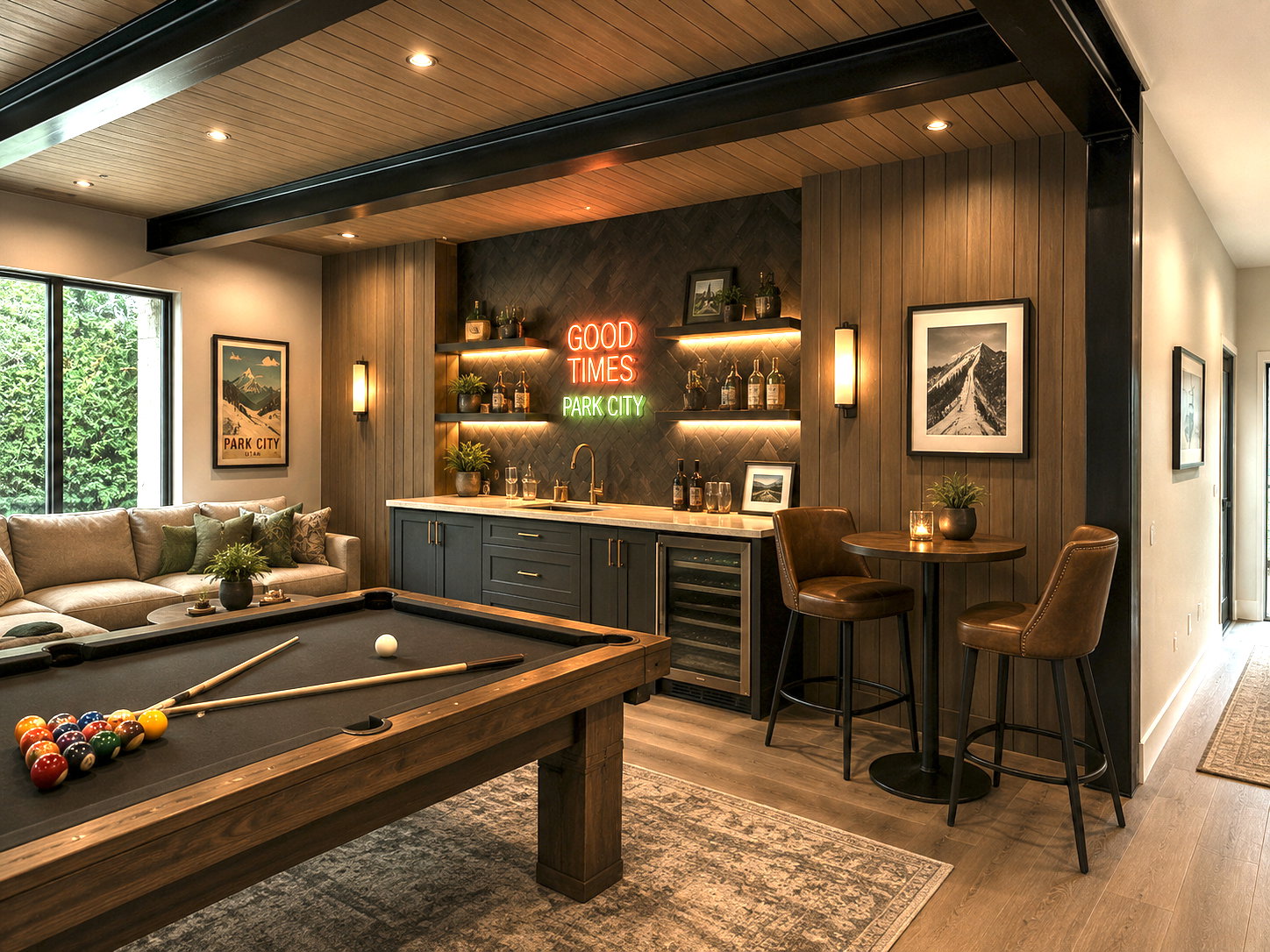 Recreational space featuring a built-in wet bar with stone countertops and integrated shelving, a wood-finish ceiling with exposed beams, and recessed lighting