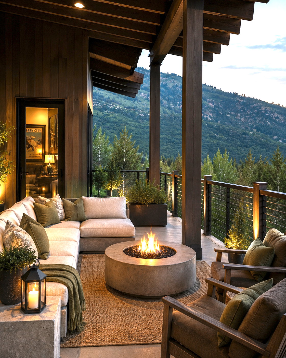 Expansive outdoor living area featuring a concrete patio, wood-paneled exterior, and exposed wood beam ceiling