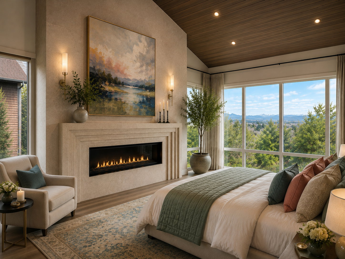 Spacious bedroom featuring a vaulted wood-paneled ceiling, a linear fireplace with a stone surround, and expansive windows offering a mountain and forest backdrop